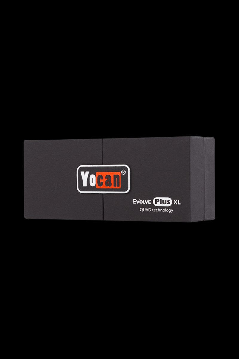 Front-facing shot of the Yocan Evolve Plus XL Vaporizer black box centered on a black background, showing the logo and product text.