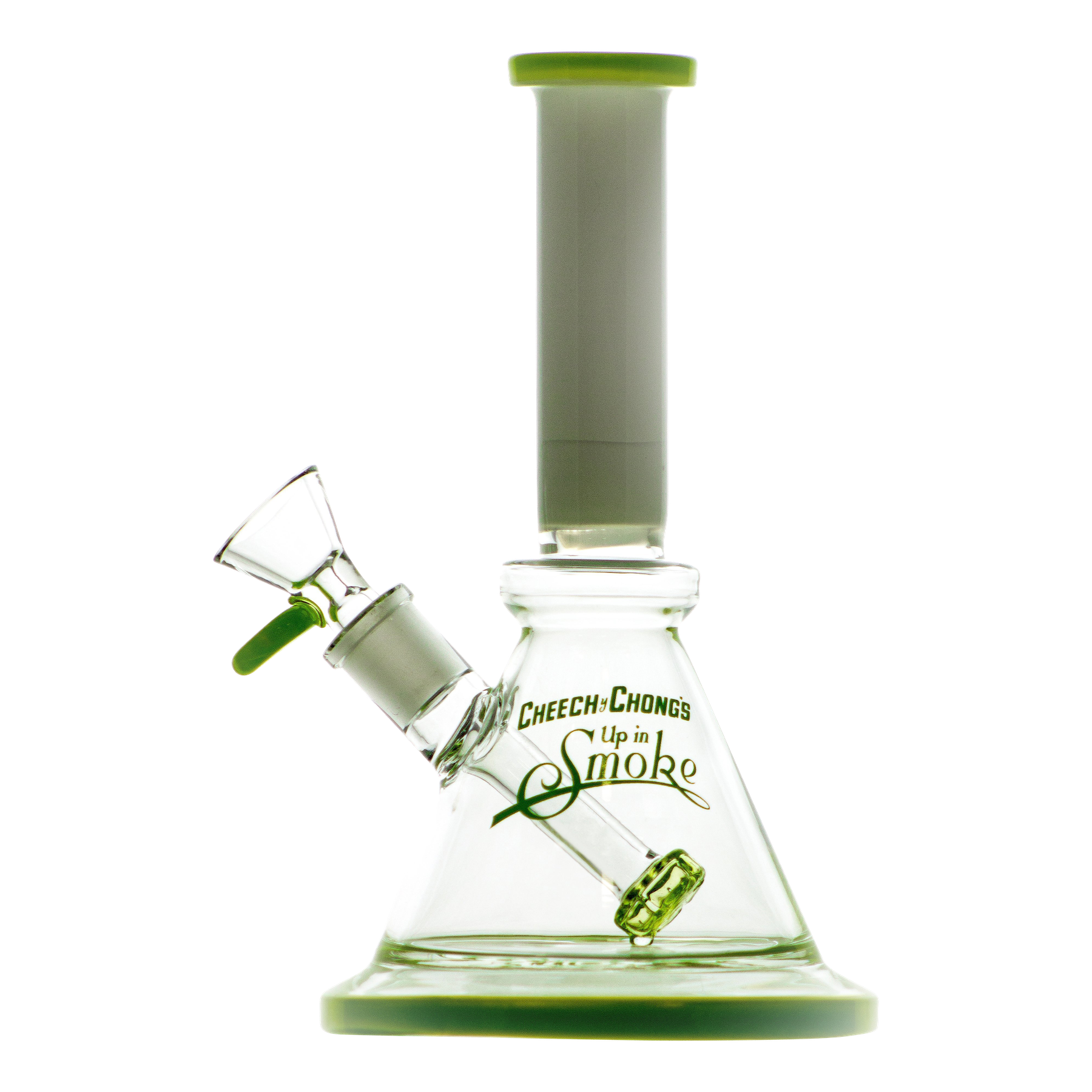 A studio shot of the Cheech & Chong "Pedro" Mini Beaker Bong, featuring a clear glass construction and a classic beaker shape.