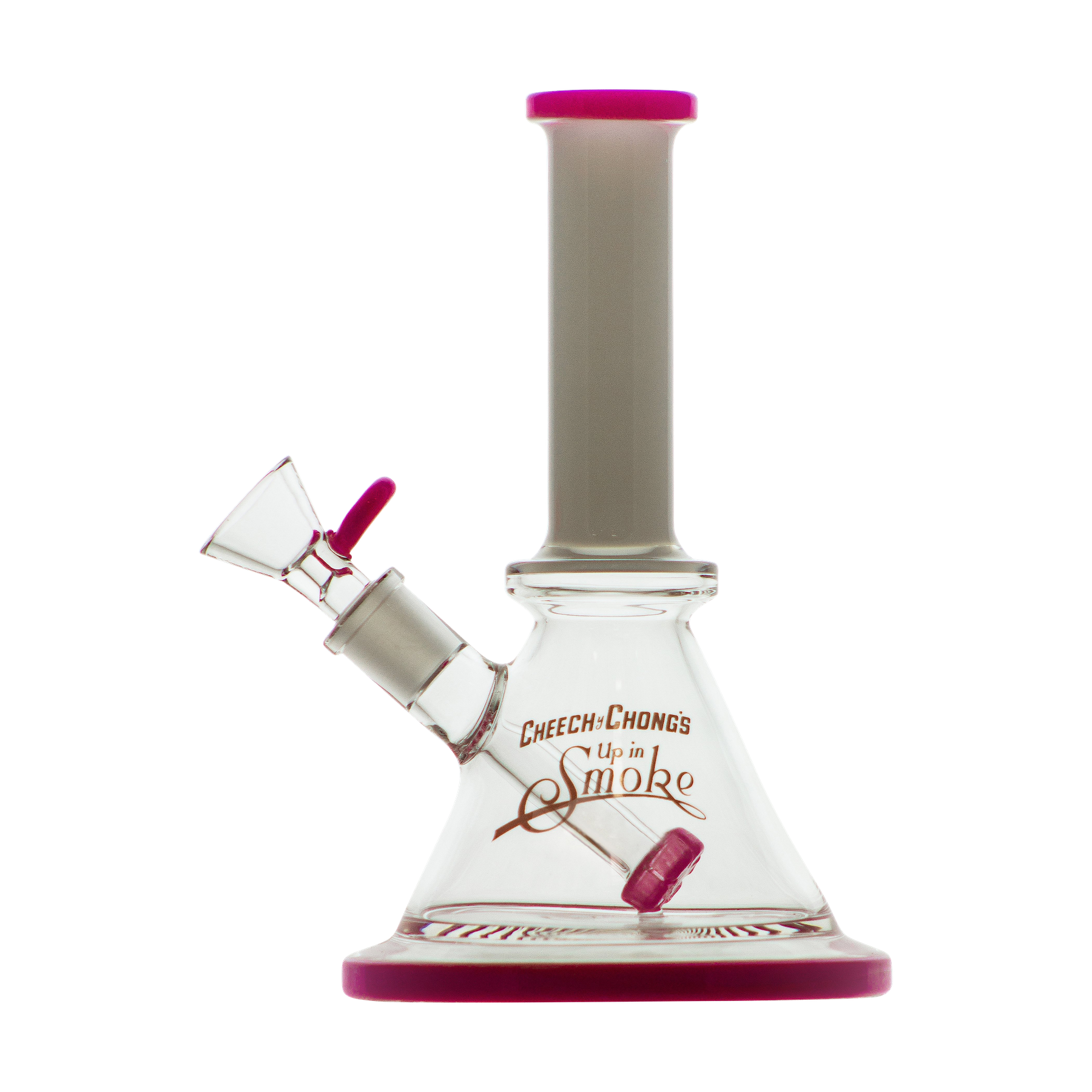 Front view of the Cheech & Chong "Pedro" Mini Beaker Bong, showcasing its clear glass construction and compact size against a plain white background.