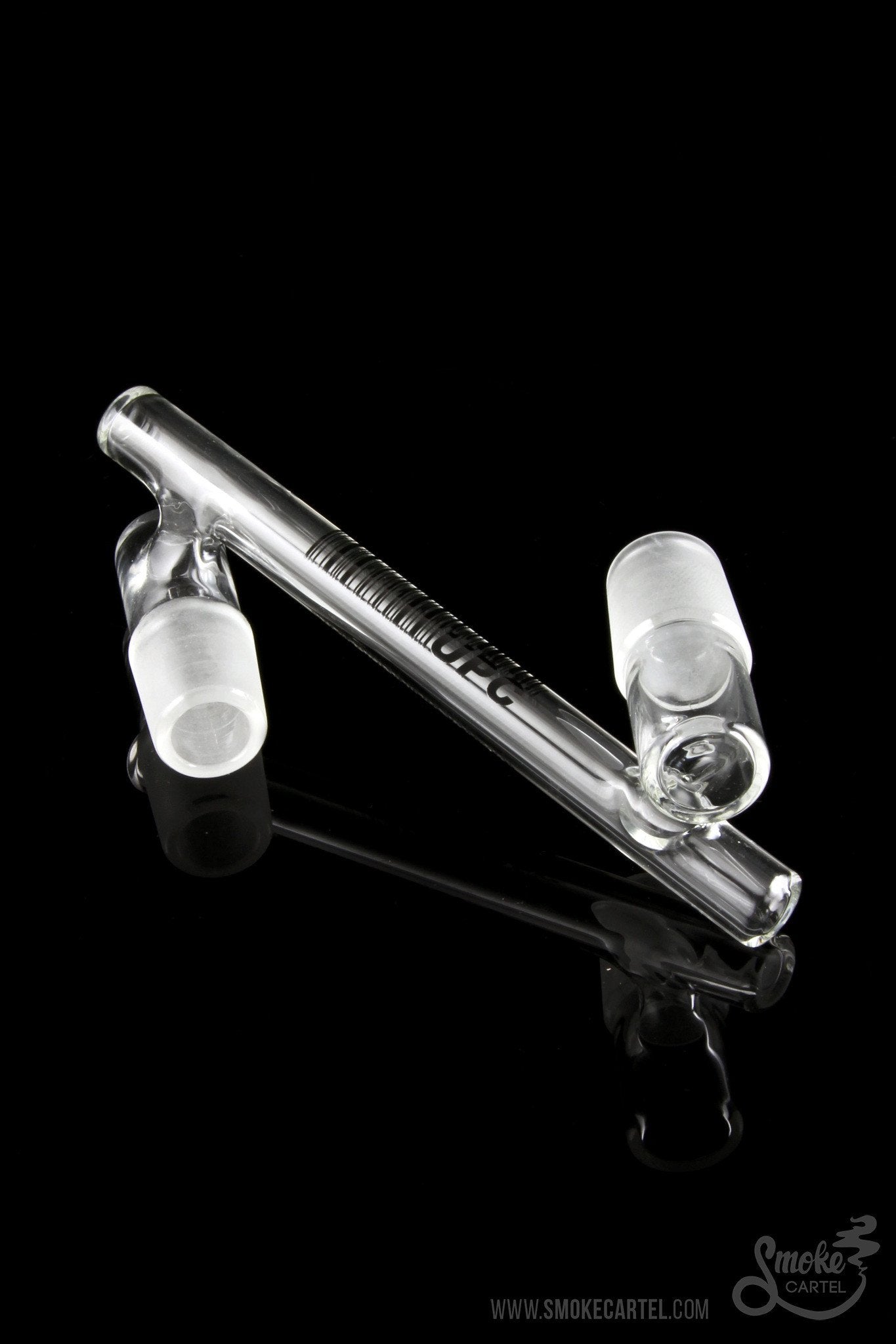 Clear glass bubbler with two chambers and a smoke cartel logo, displayed against a black background.