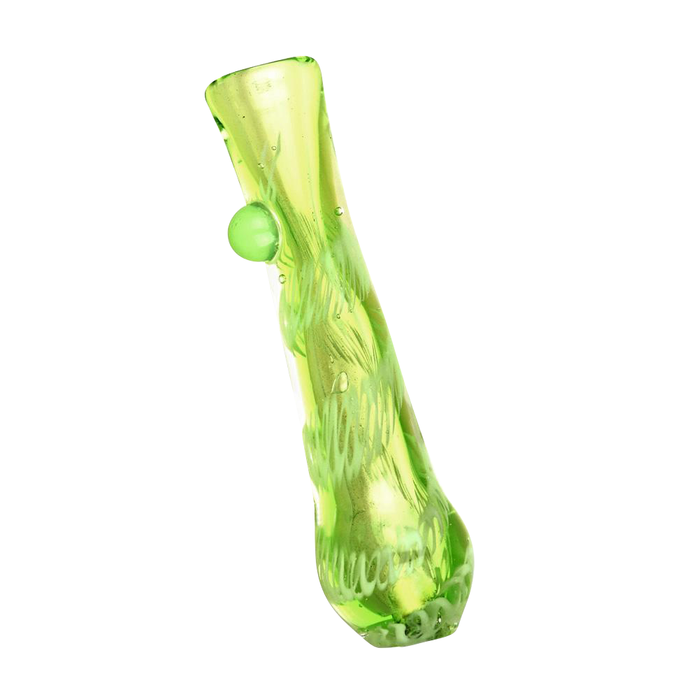 Angled view of the Acid Green Worked Glass Taster Chillum showing its translucent lime-green twisted pattern and a small glass grip against a white background