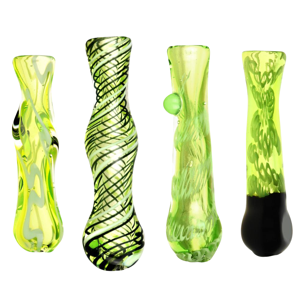 Row of four upright acid green worked glass taster chillums, each with distinct swirls, twists, and a glossy white background.