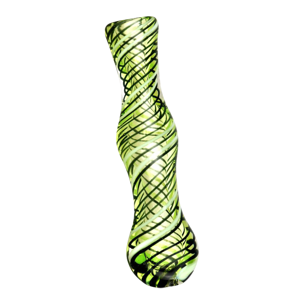 Tall, twisted acid-green Worked Glass Taster Chillum with black spiral stripes photographed front-on against a white background