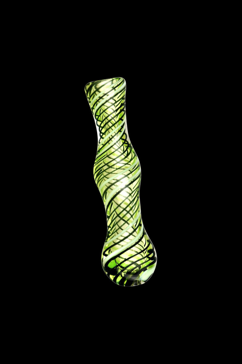 Centered vertical view of the Acid Green Worked Glass Taster Chillum, a translucent twist glass tube with spiraling dark green stripes against a black background