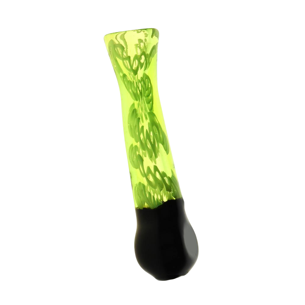 Angled studio shot of the Acid Green Worked Glass Taster Chillum showing its translucent lime green shaft with internal swirls and a solid black rounded mouthpiece.