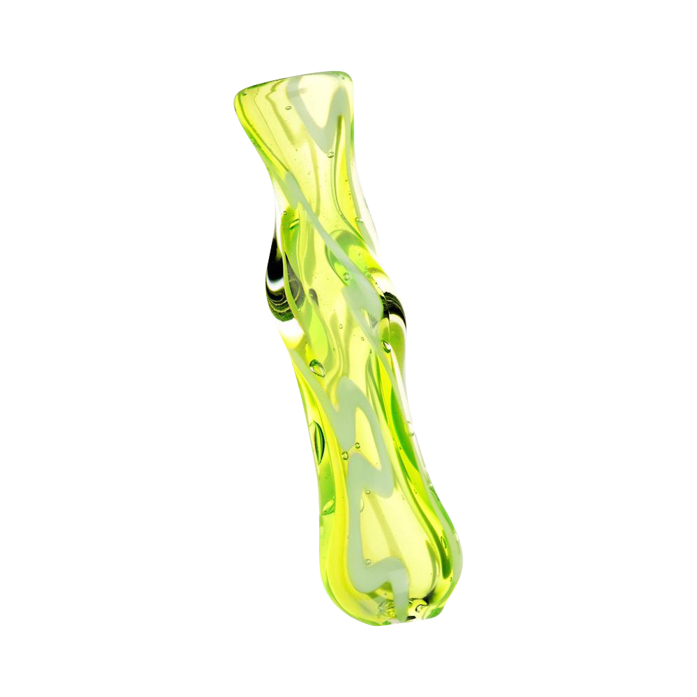 Angled close-up of the acid green Worked Glass Taster Chillum showing its twisted, translucent glass body with pale green swirls and surface bubbles