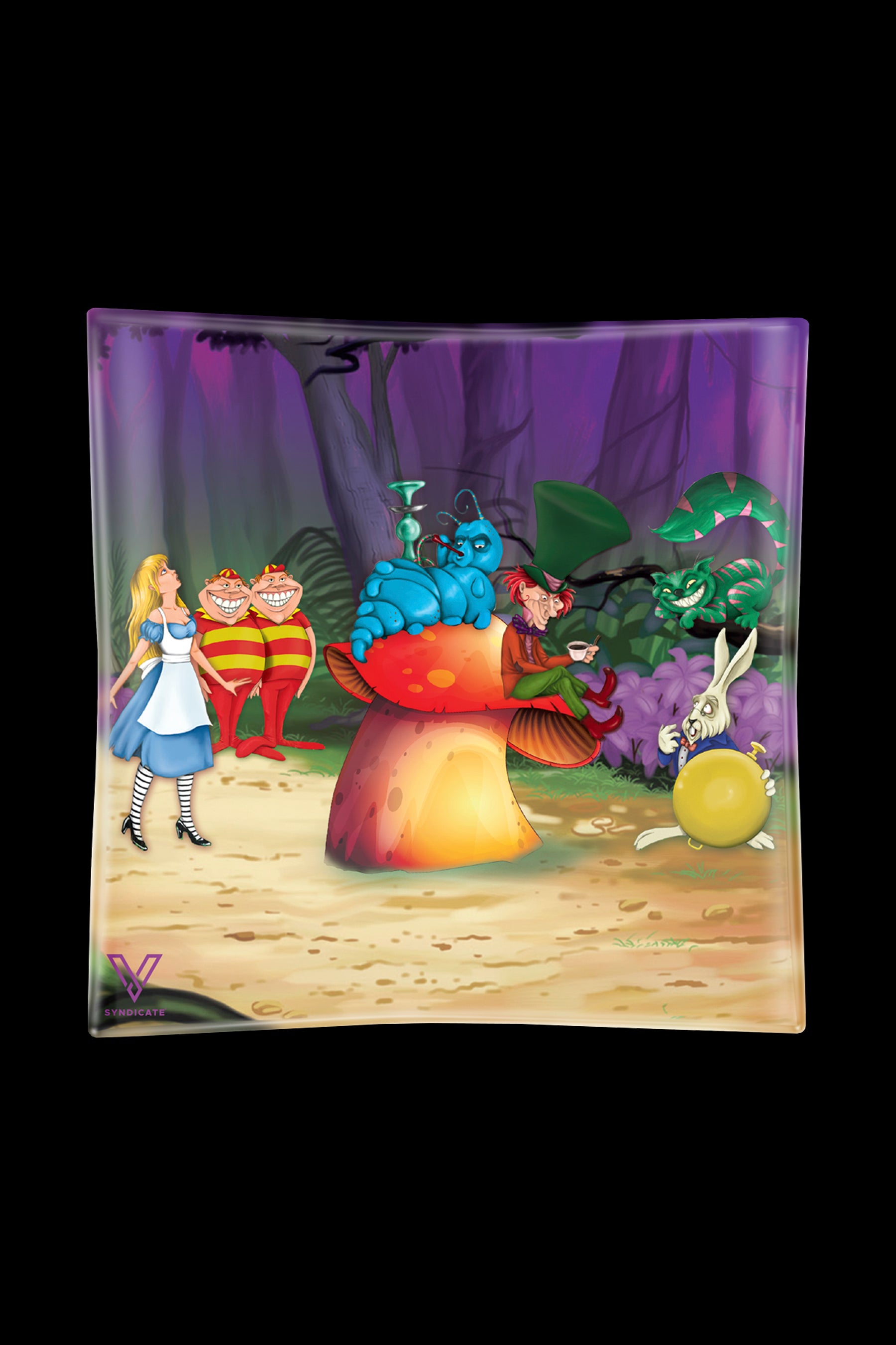 A rectangular glass ashtray featuring a colorful, psychedelic illustration of characters from *Alice in Wonderland*.