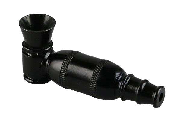 A side view of the Aluminum Modular Metal Hand Pipe, showcasing its sleek, metallic design and compact size.