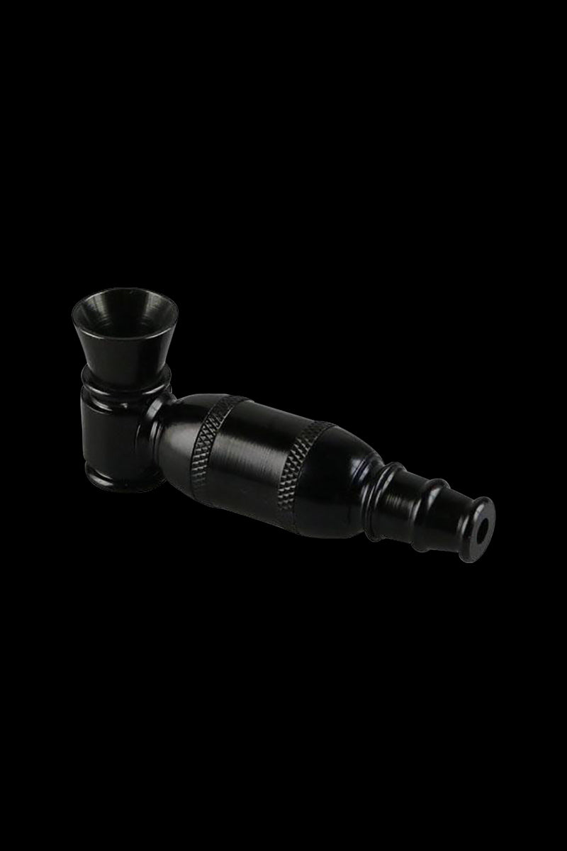 A side view of the Aluminum Modular Metal Hand Pipe, showcasing its sleek, metallic construction and compact size.