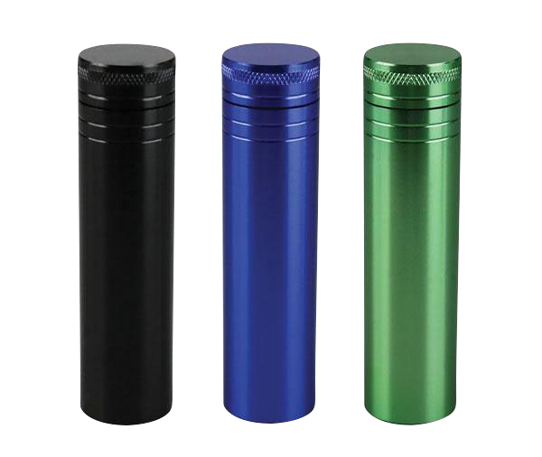 Front view of the Aluminum Storage Tube for Herbs or Joints, showcasing a sleek, cylindrical design against a plain white background.