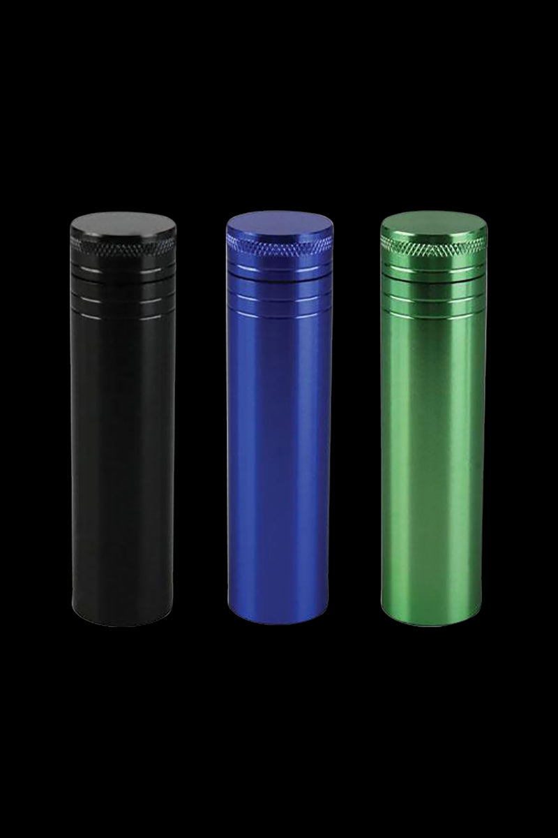 Front view of the Aluminum Storage Tube for Herbs or Joints, showcasing a sleek, cylindrical container in a minimalist studio shot.