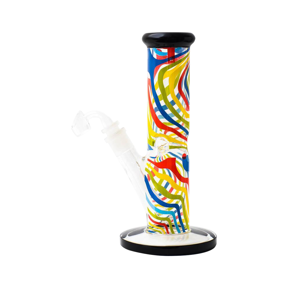 Front view of the Famous Brandz "Amnesia" Straight Tube with Banger, showcasing its colorful patterned glass against a plain white background.