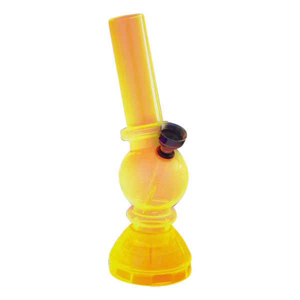Front view of the Angled Mini Acrylic Water Pipe with Grinder Base, showcasing its compact size and clear acrylic construction.