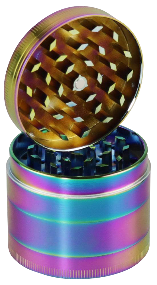 Top-down view of the open Medium 2.5" Anodized Zinc Chameleon 4-Piece Grinder, showing the multi-layered, metallic grinding mechanism.