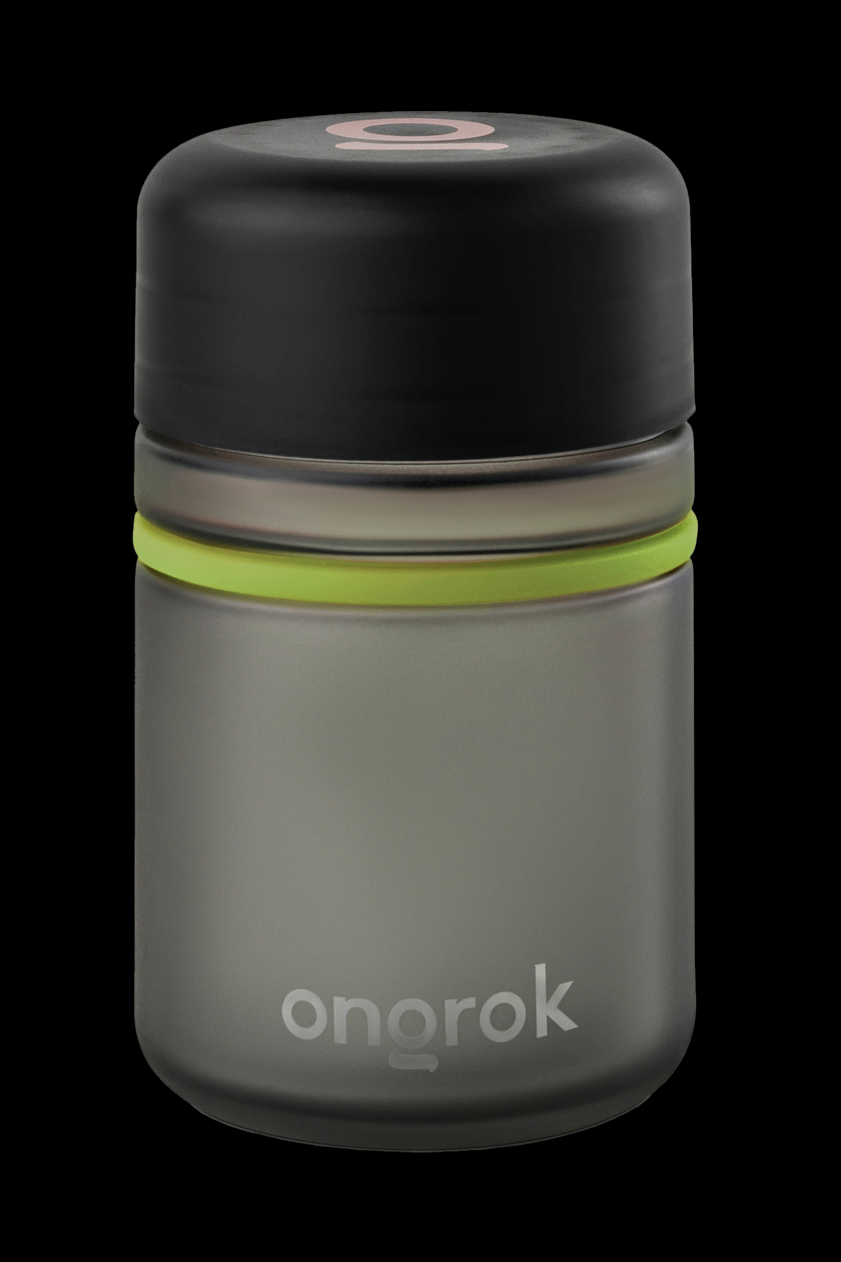 Olive green, airtight cannabis storage jar with “onrok” logo.