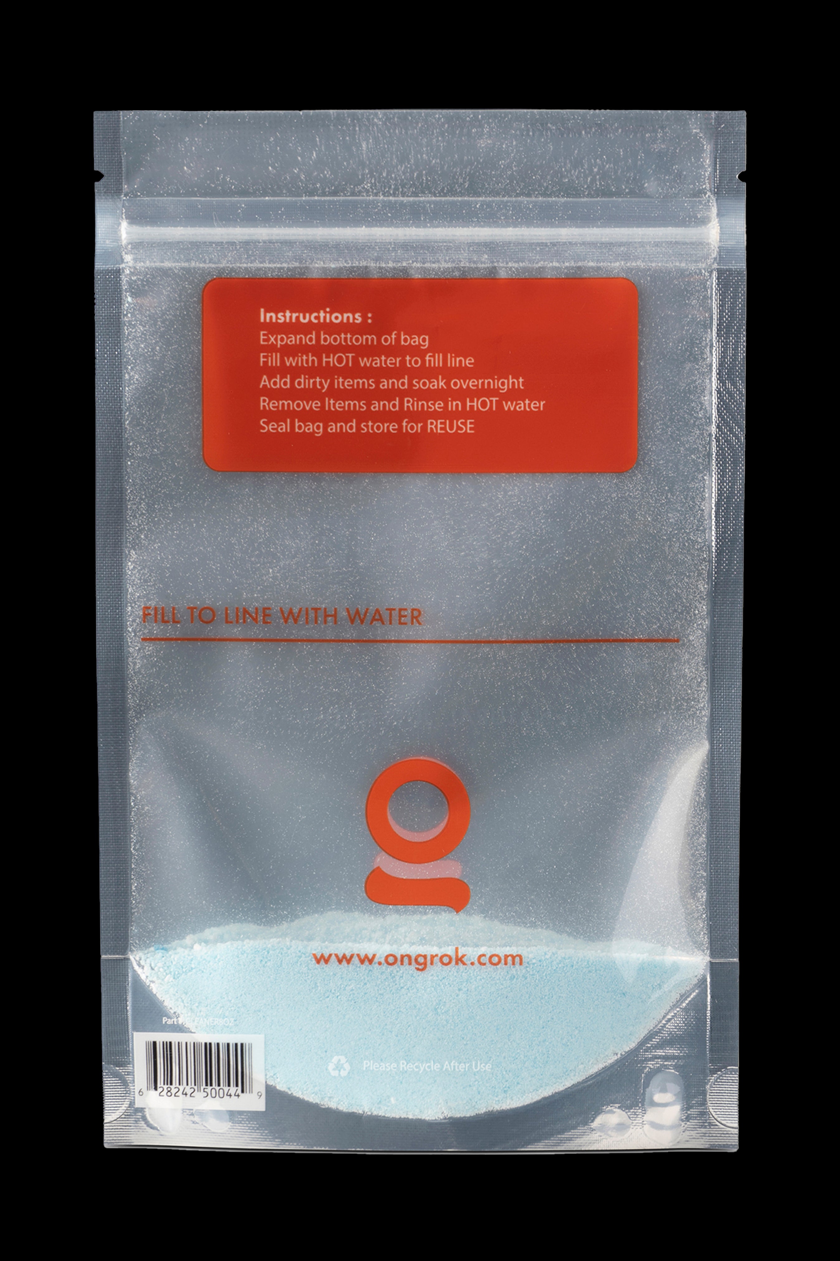 Silver cannabis soaking bag with instructions for use and website address.