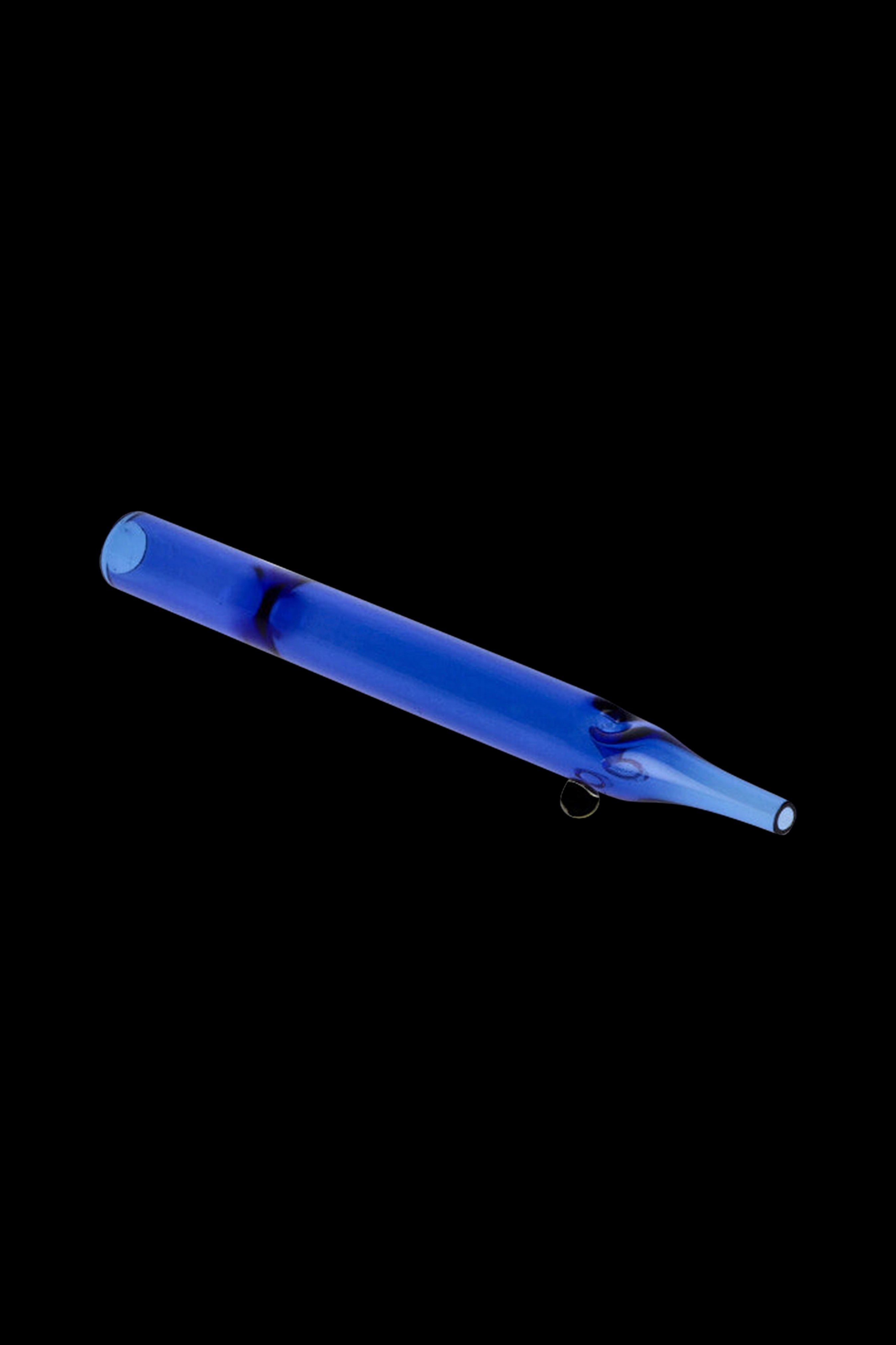 Blue glass cannabis oil burner pipe on a black background.