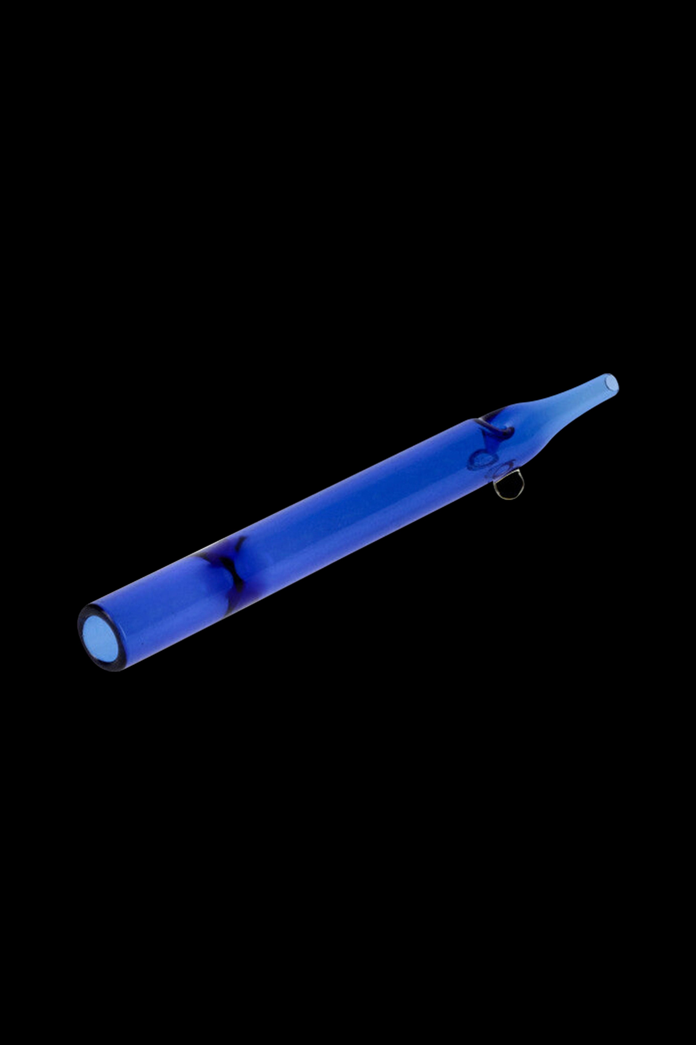 Blue glass cannabis oil burner pipe against a black background.