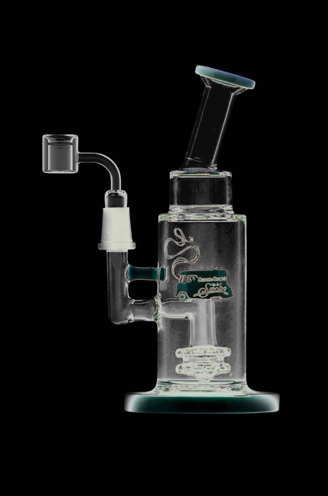 A front view of the Cheech & Chong Showerhead Perc Dab Rig - Anthony, featuring a clear glass construction and a curved neck.
