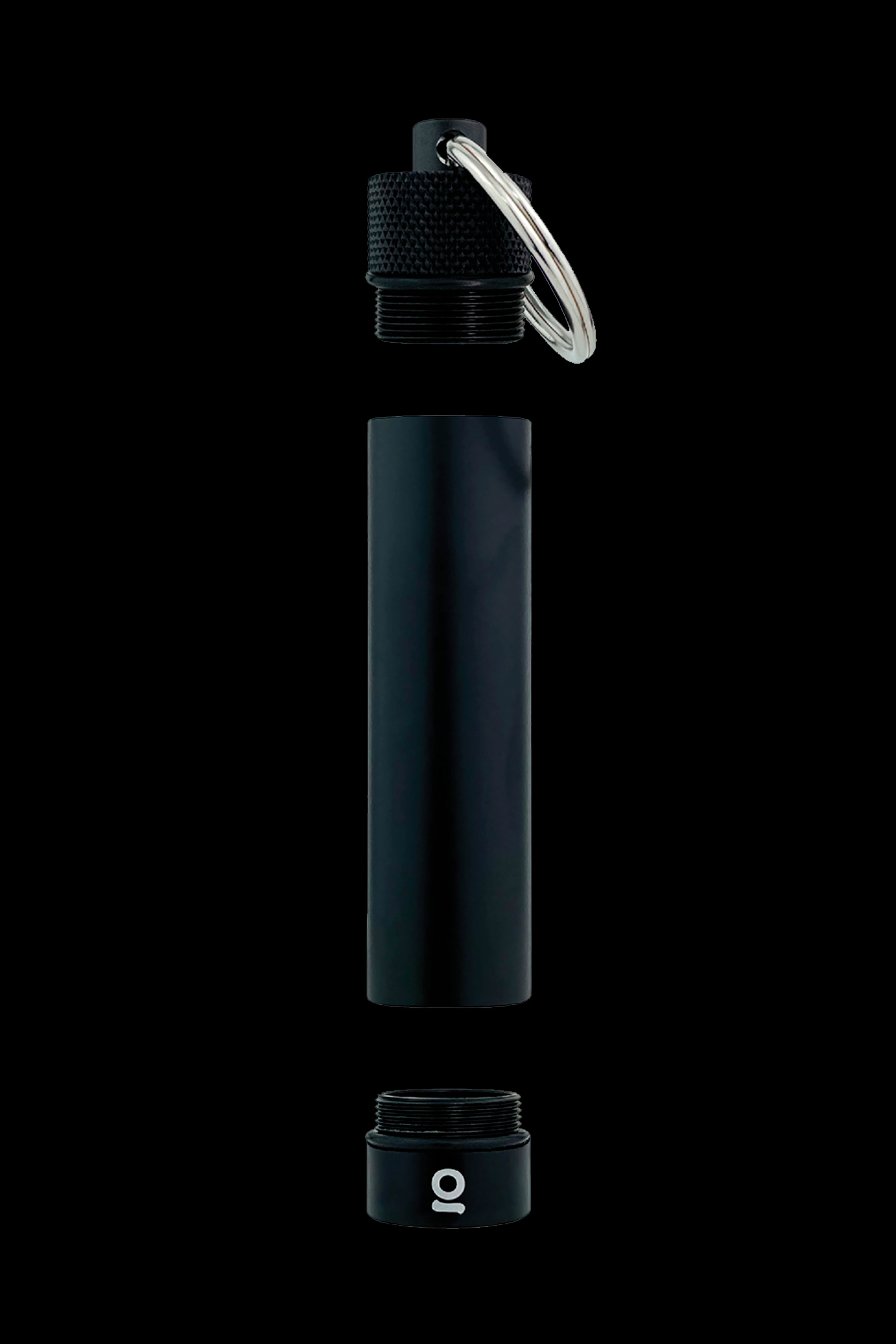 Black, cylindrical cannabis oil vape cartridge with a keychain attachment, shown disassembled.