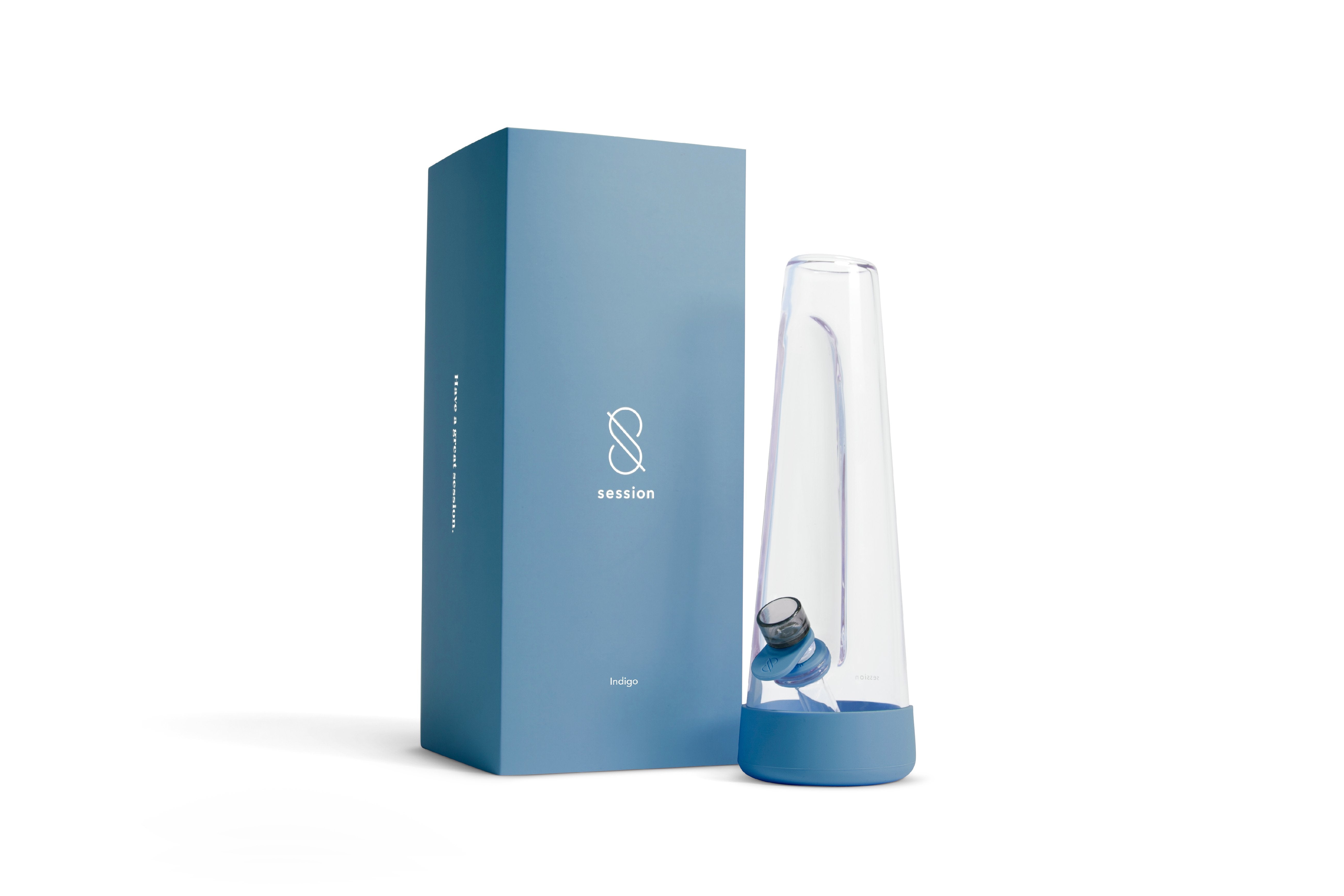 Right-side view of the Session Goods Modern Bong with its blue boxed packaging and clear conical glass tube on a white background