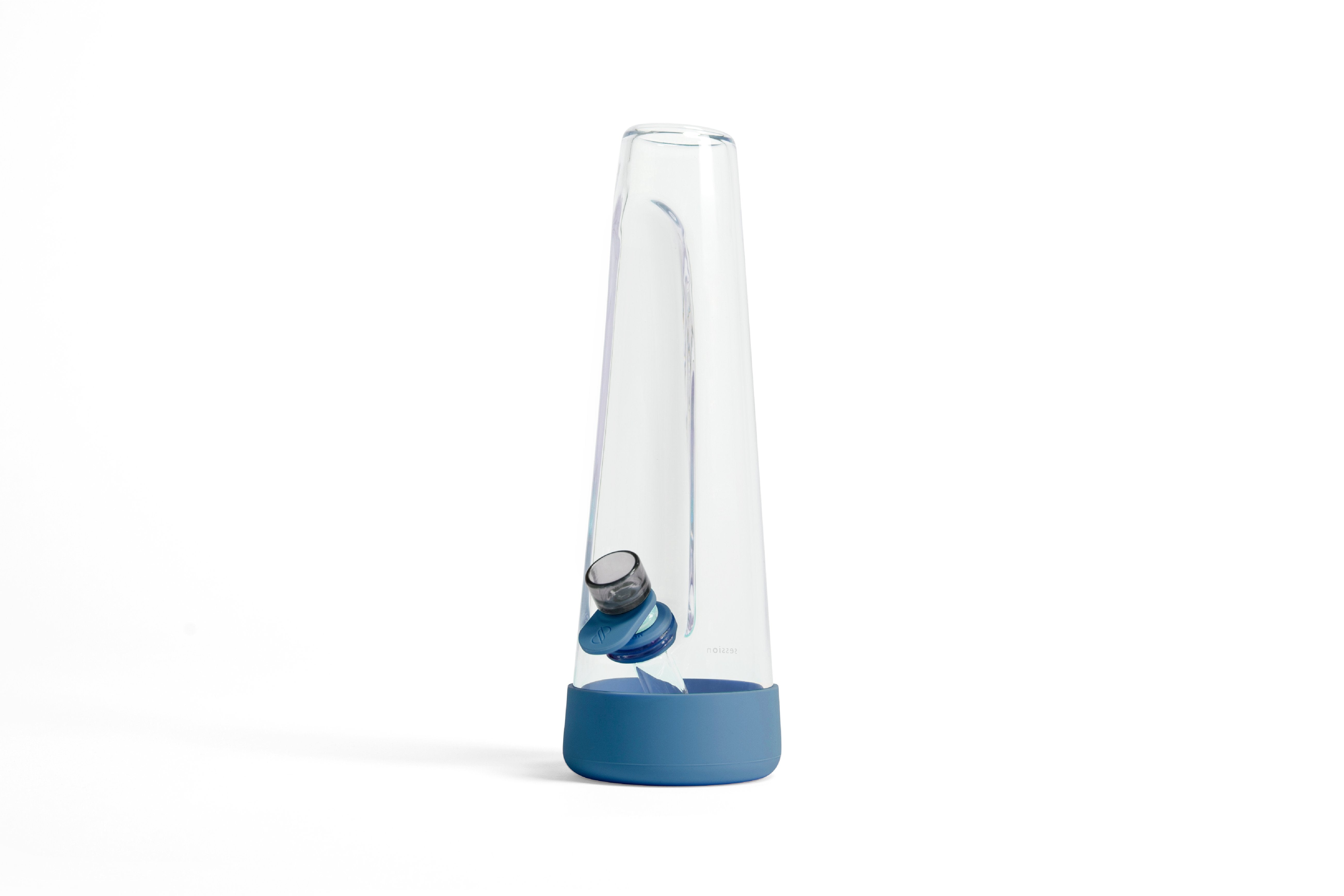 Three-quarter front view of the clear Session Goods Modern Bong with a blue silicone base against a white background