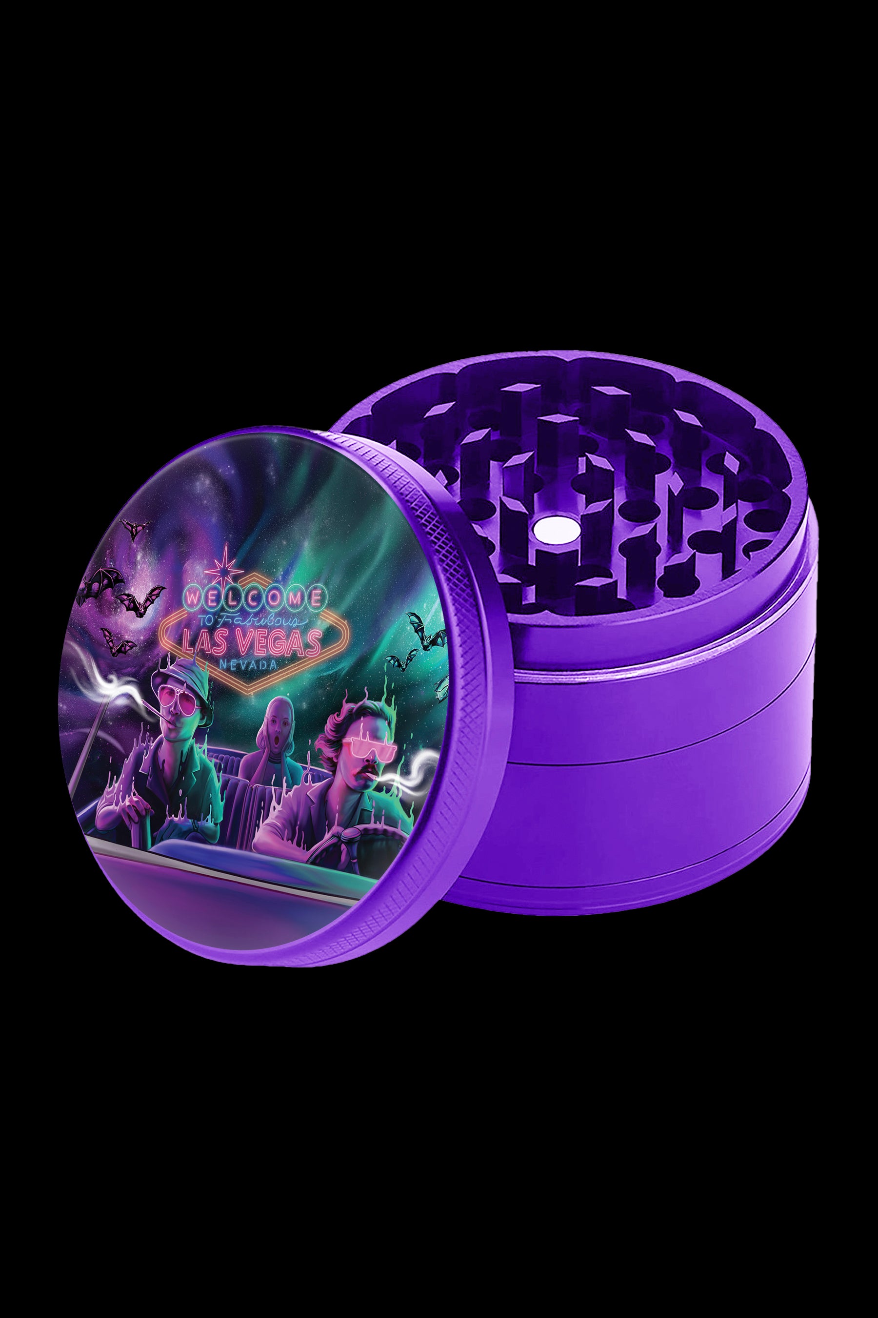 Purple metal grinder with a "Welcome to Las Vegas" design on the lid.