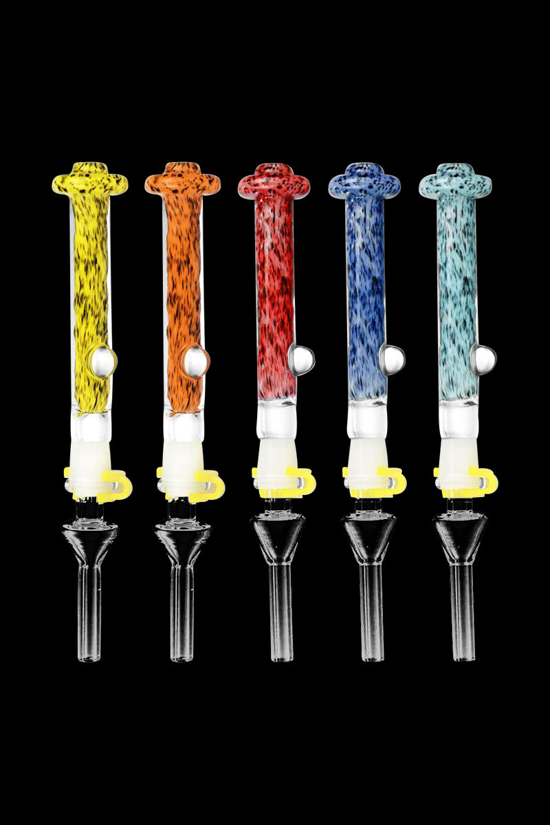 A studio shot displays the Beam Me Up Dab Straw with Quartz Tip in a lineup, showcasing its sleek, elongated design.