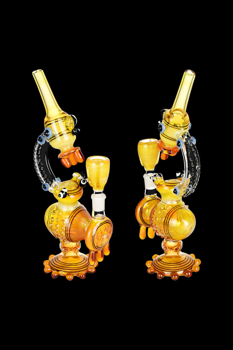 A detailed front view of the Bee Microscope Water Pipe, showcasing its intricate glasswork and unique, bug-like design.