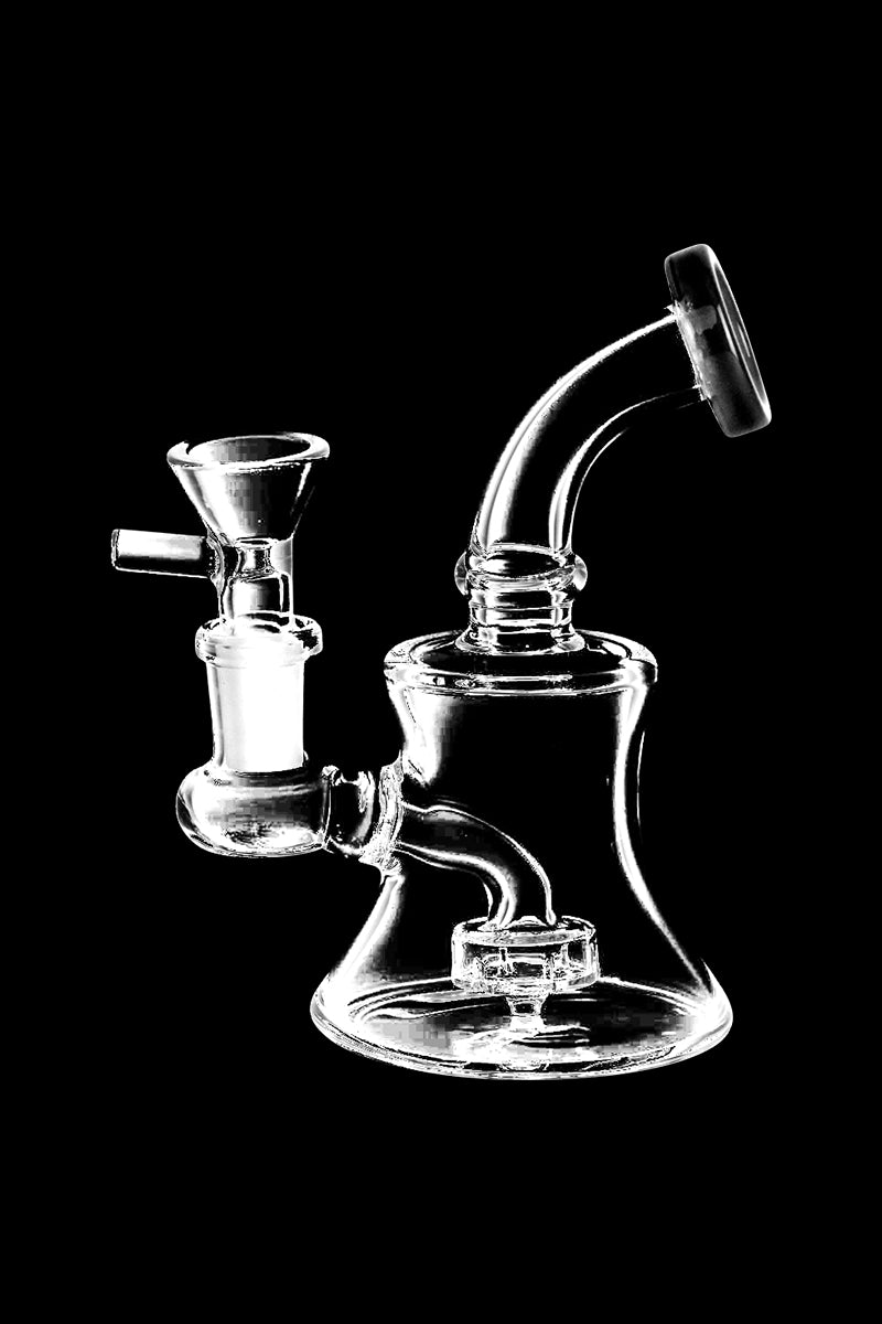 Front view of the Bent Neck Bell Mini Water Pipe, a clear glass piece with a gently curved neck and bell-shaped base.