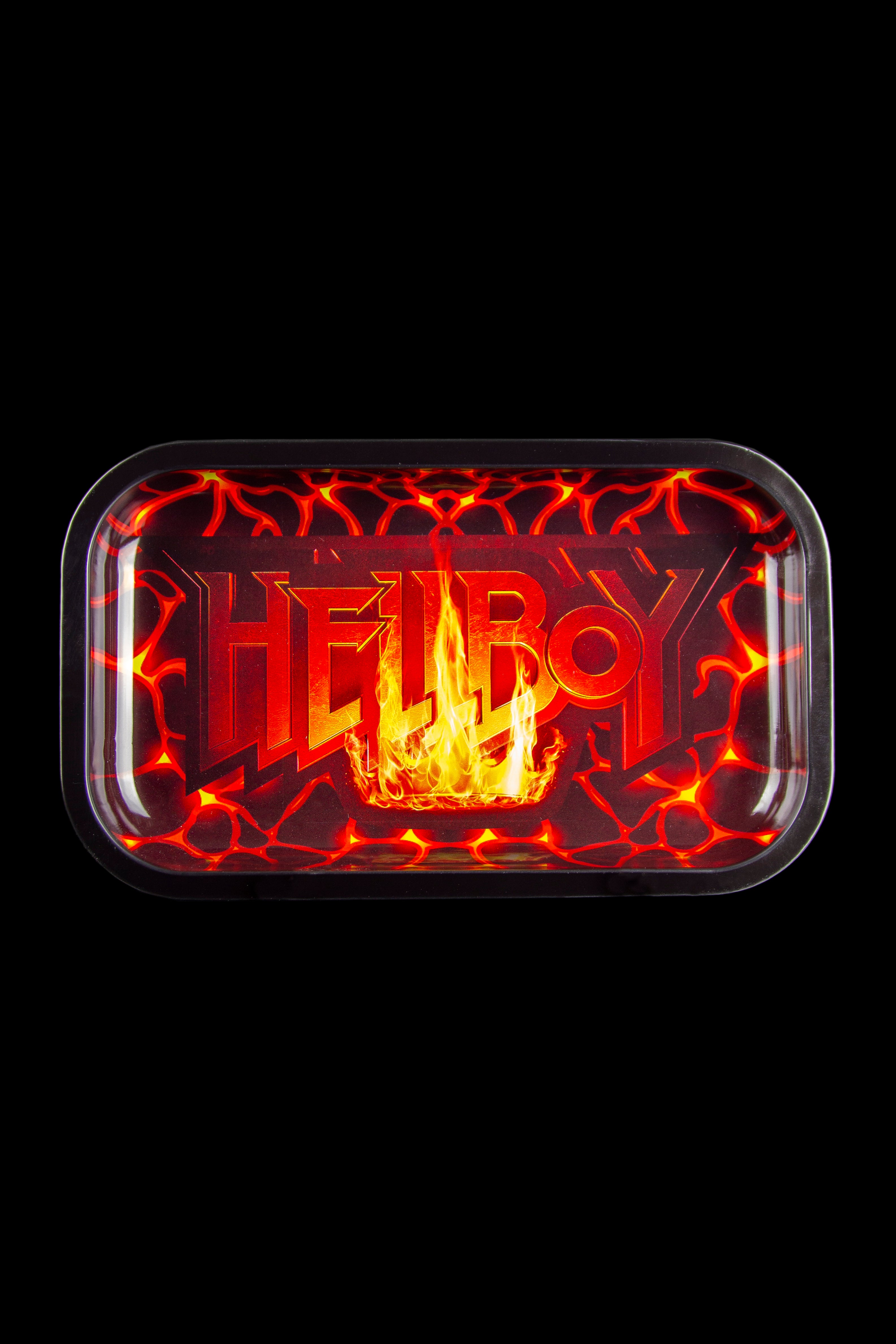 Red rolling tray with “HELLBOY” graphic and flame design.