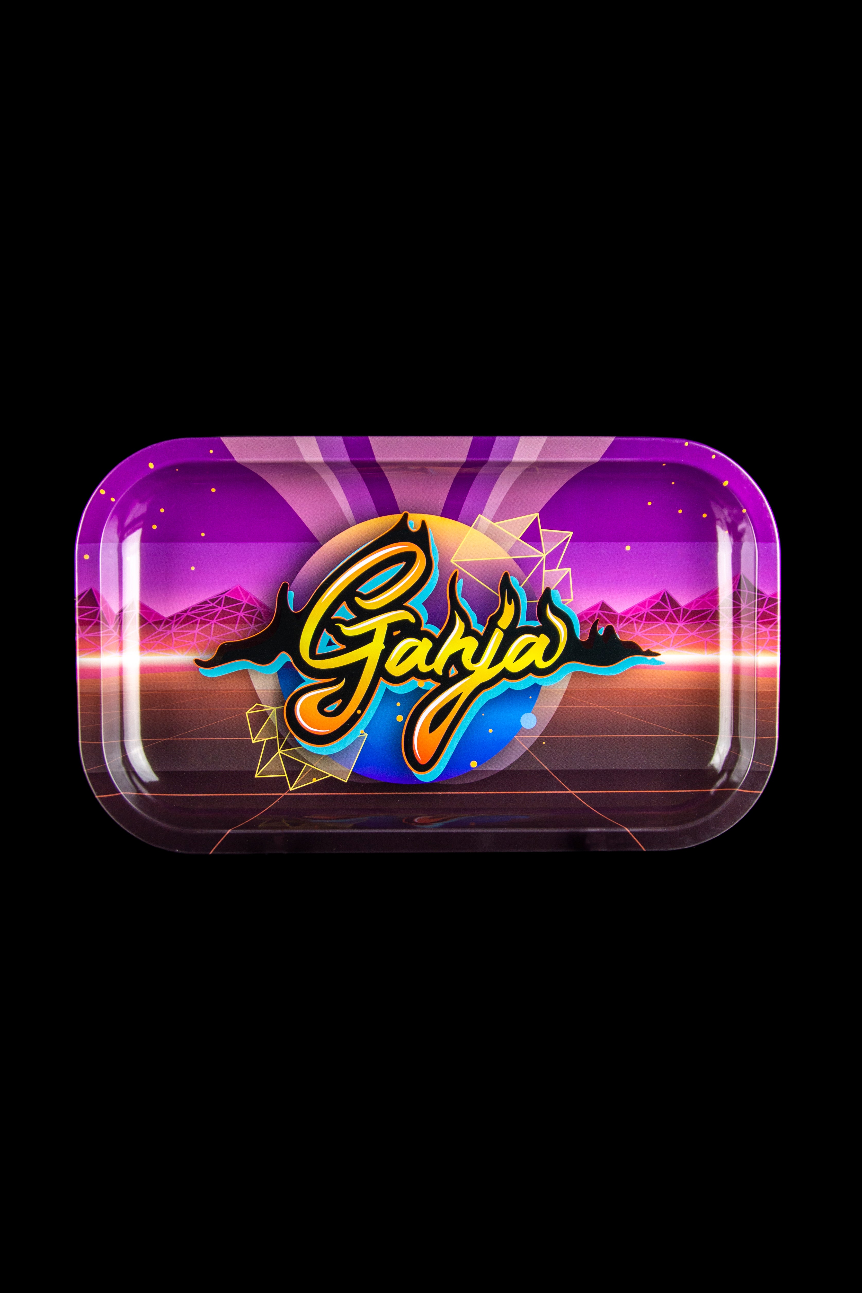 Rectangular metal rolling tray with a retro 80s-style design featuring a purple and pink sunset landscape and the word "Ganja" in bright yellow script.
