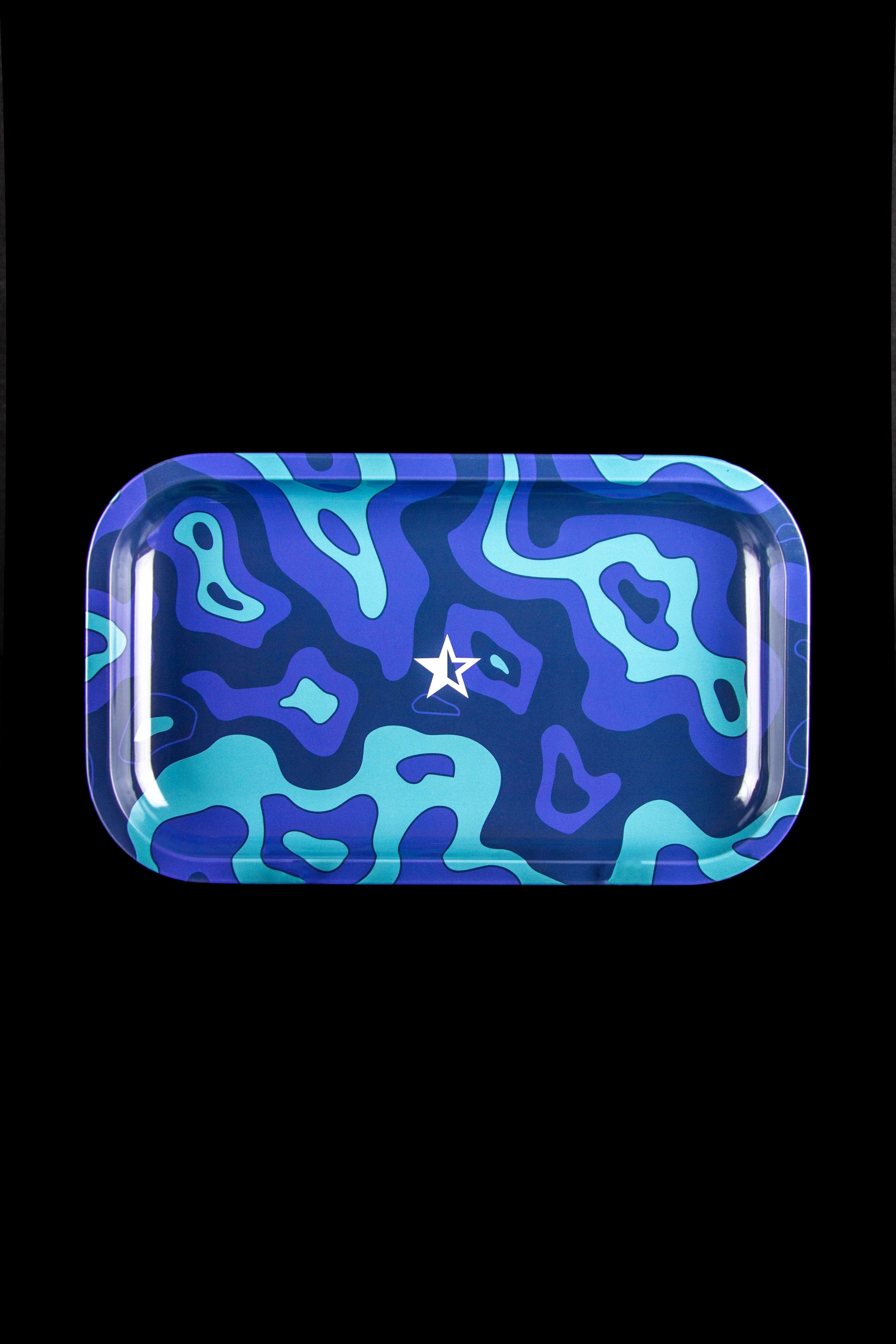 Blue and purple wavy patterned rolling tray with a white star emblem.