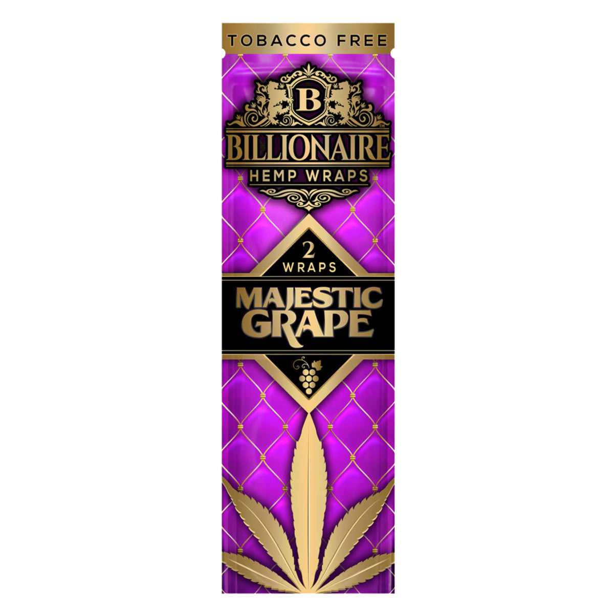 Front view of a Billionaire Hemp Wraps 25 Pack, featuring a purple and gold decorative design on its packaging.