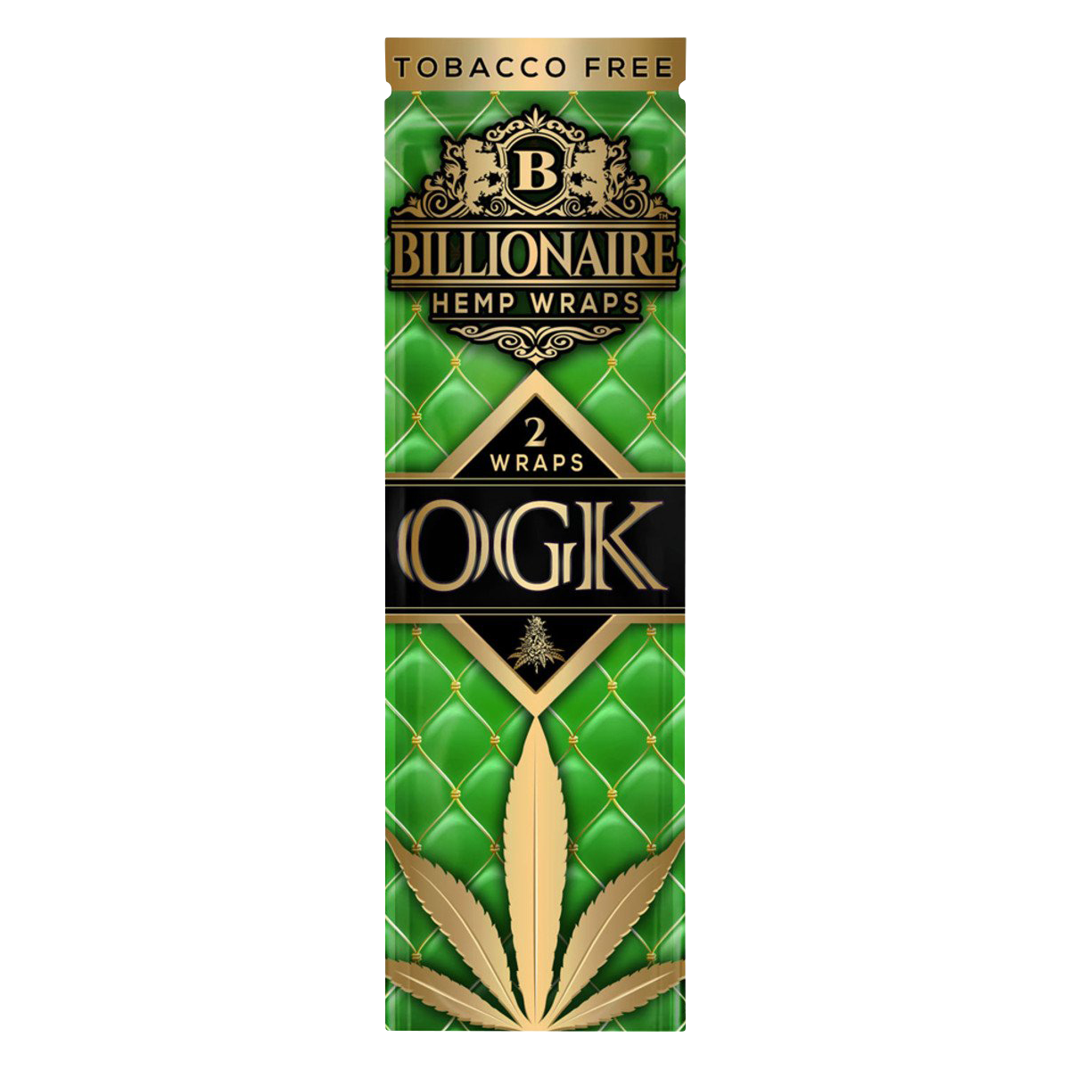 Front view of a pack of Billionaire Hemp Wraps, showing a dark green background with gold lettering and a prominent brand logo.