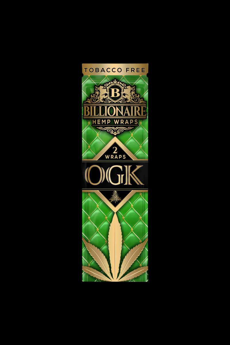 Front view of the Billionaire Hemp Wraps packaging, displaying a gold logo on a dark green background.