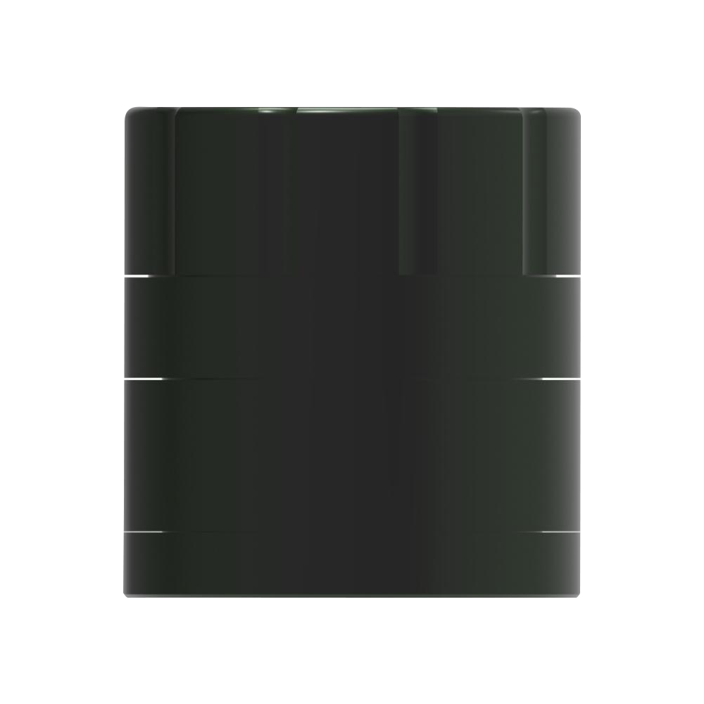 Front view of the Cheech & Chong 40th Anniversary Grinder, a dark metal cylindrical object isolated on a white background.