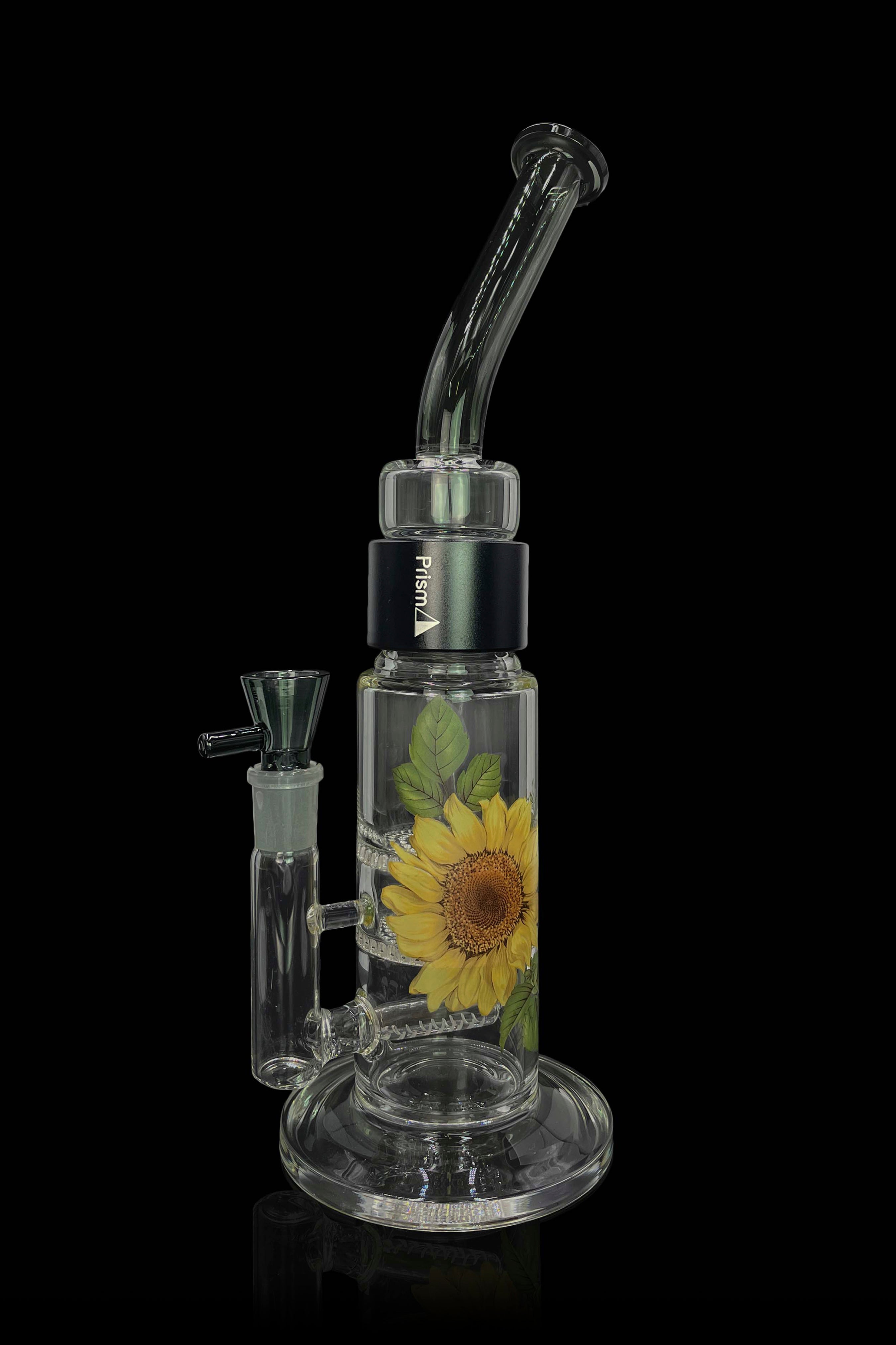 Glass water pipe with sunflower design, featuring a glass bowl and mouthpiece against a black background.
