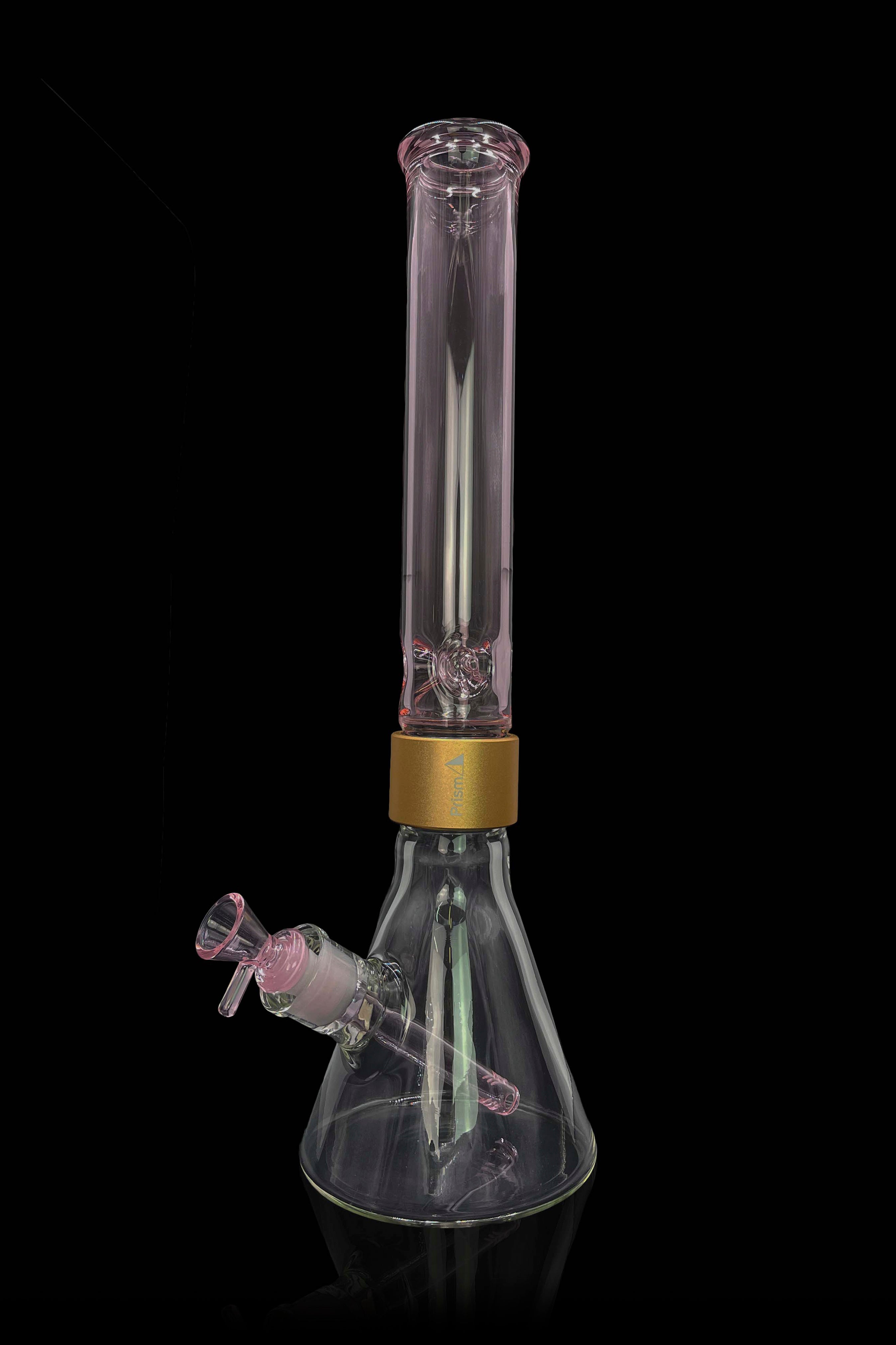 A tall glass bong with a wide base and intricate percolators, featuring rose-colored accents and a gold band.