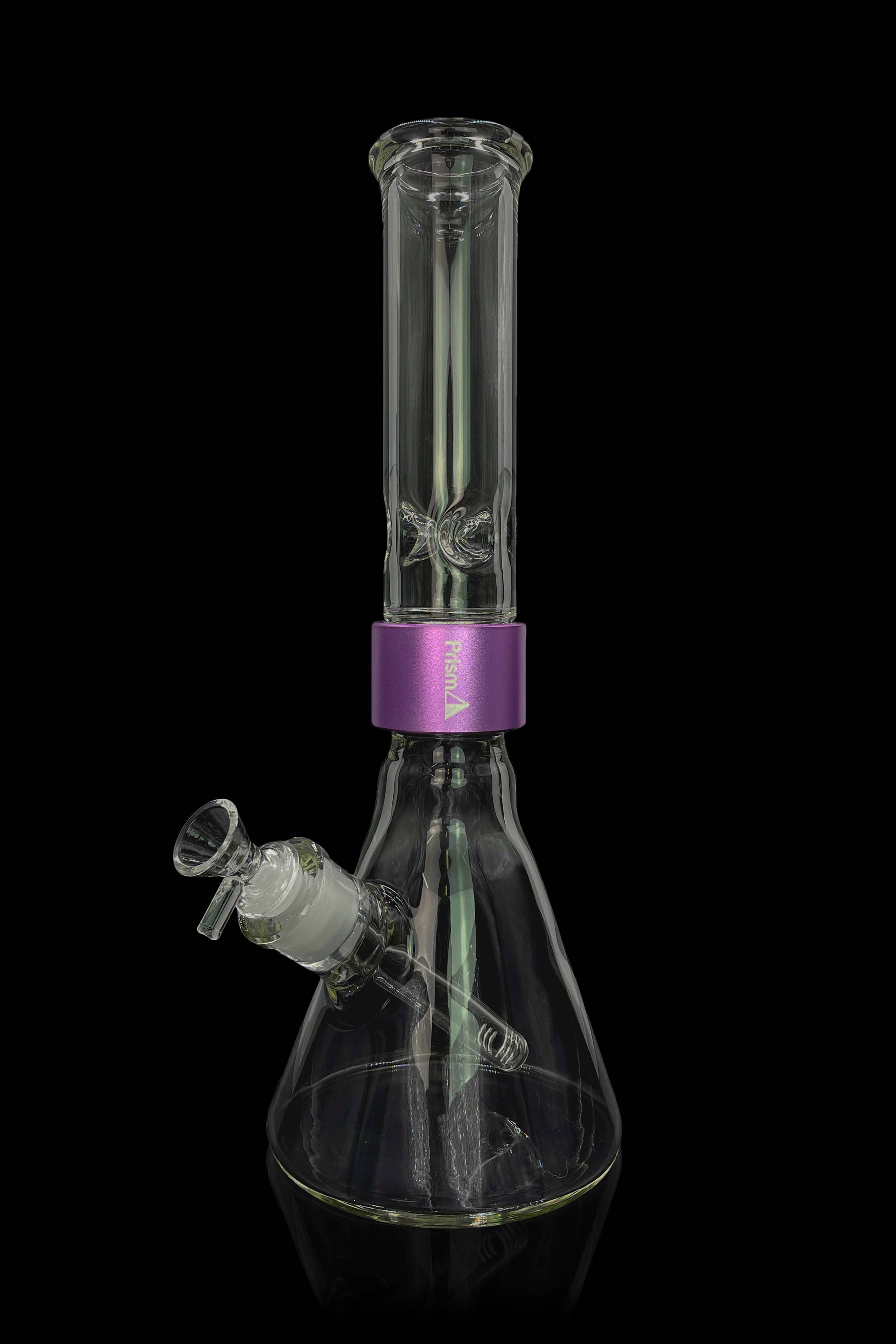 Glass bong with purple accents against a black background.
