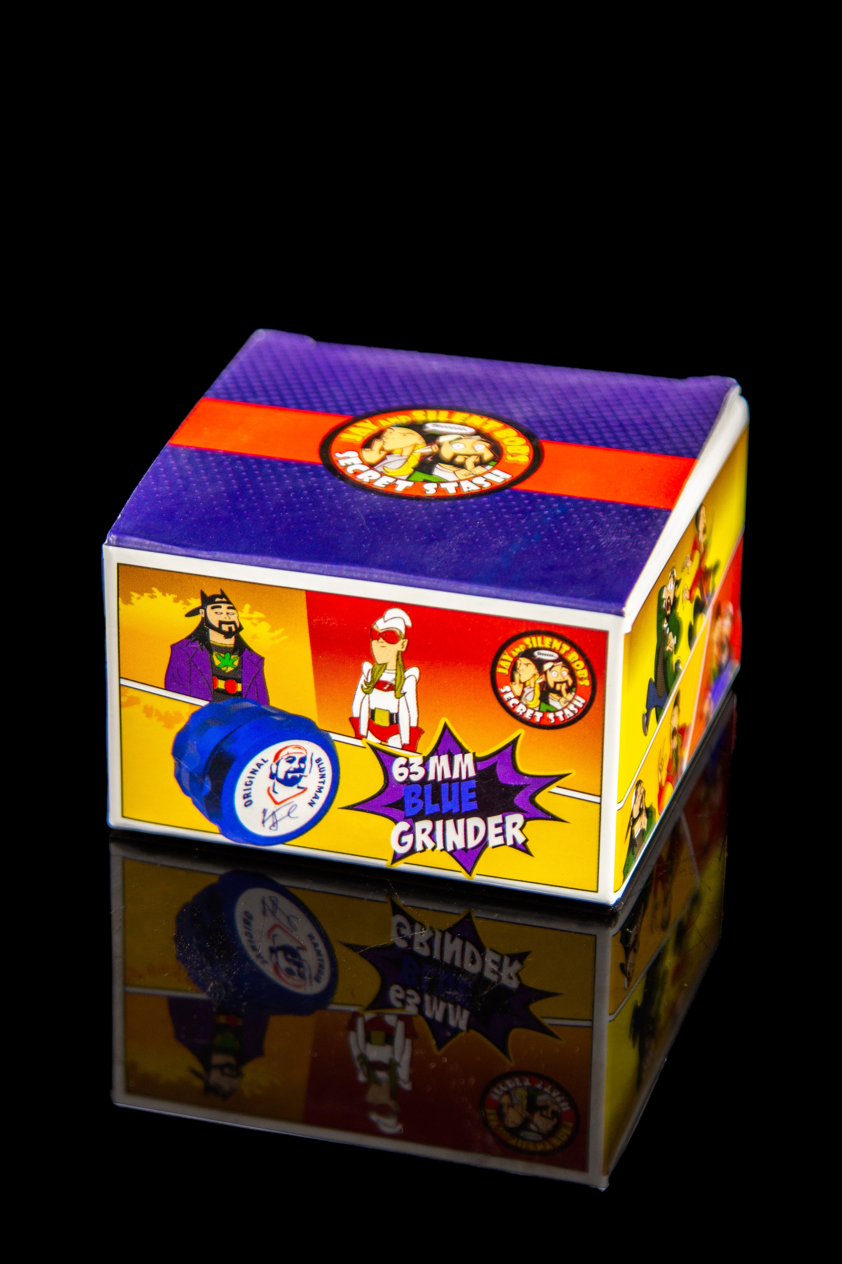 Colorful 63mm cannabis grinder with character illustrations and reflective surface.