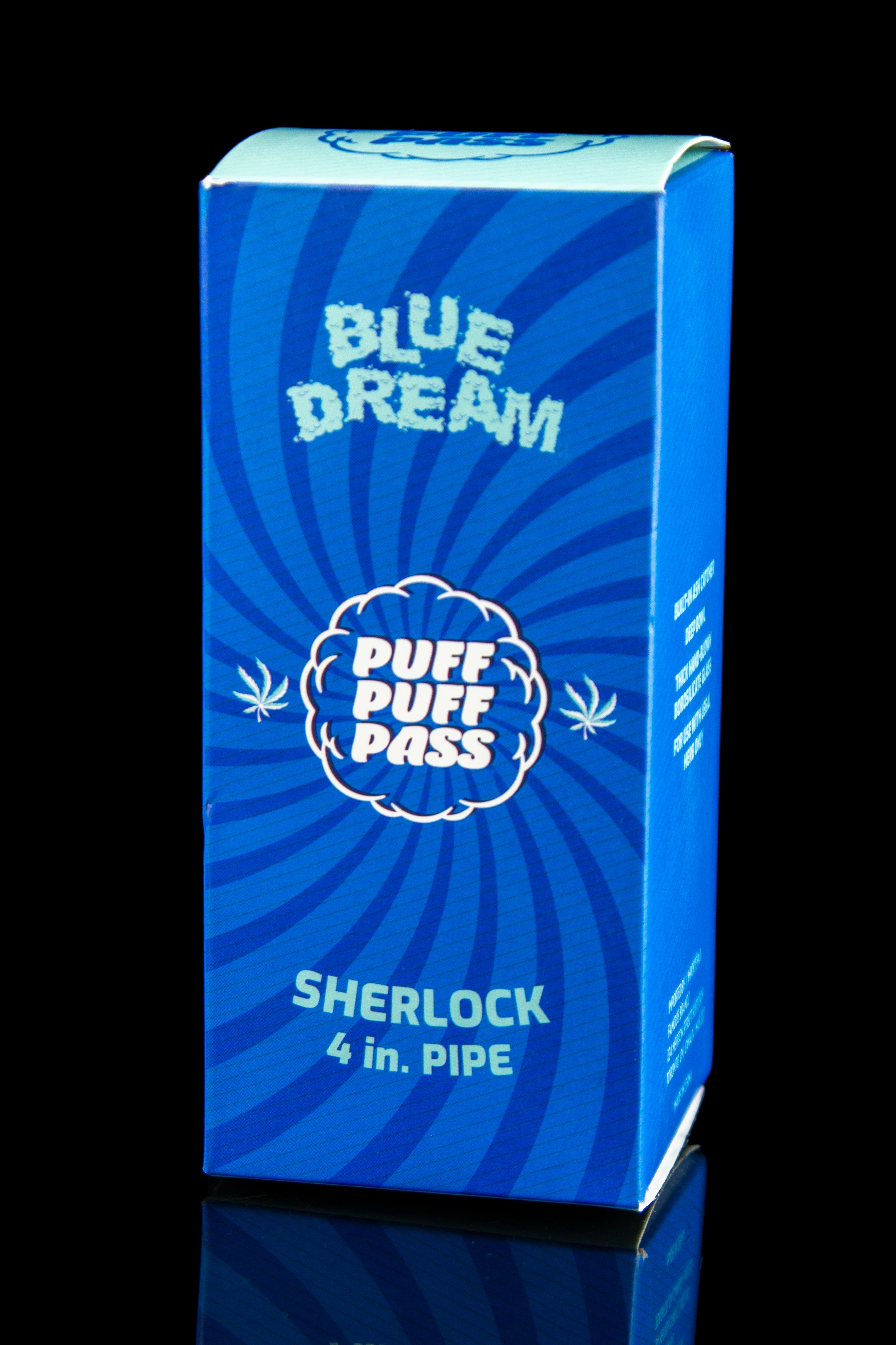Blue and white packaging for a "Blue Dream" 4-inch Sherlock pipe, with cannabis leaf graphics and the phrase "Puff Puff Pass".