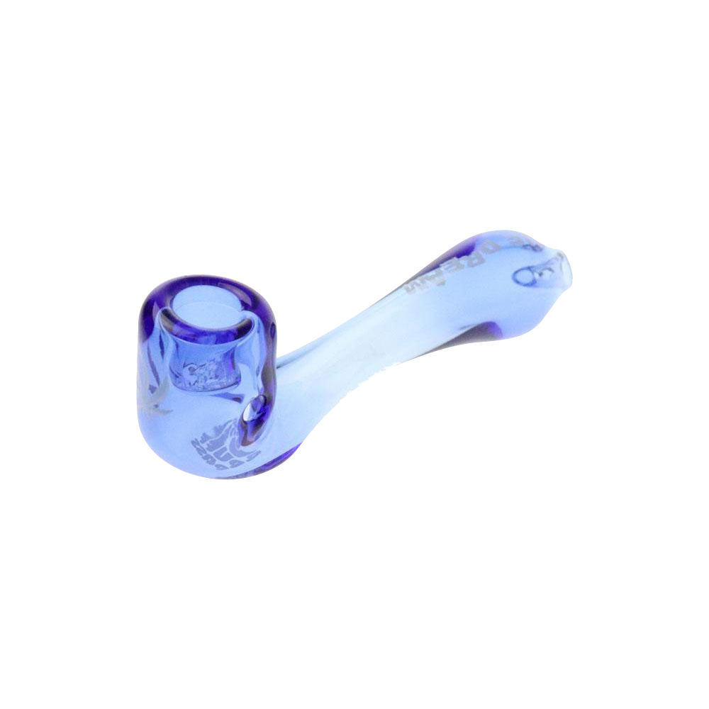 A side view of the “Puff Puff Pass “Blue Dream” Strain Pipe, showcasing its curved blue glass design against a plain white background.
