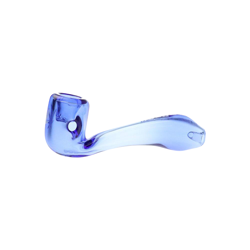 A side view of the "Puff Puff Pass "Blue Dream" Strain Pipe" showing its curved blue glass design against a plain white background.