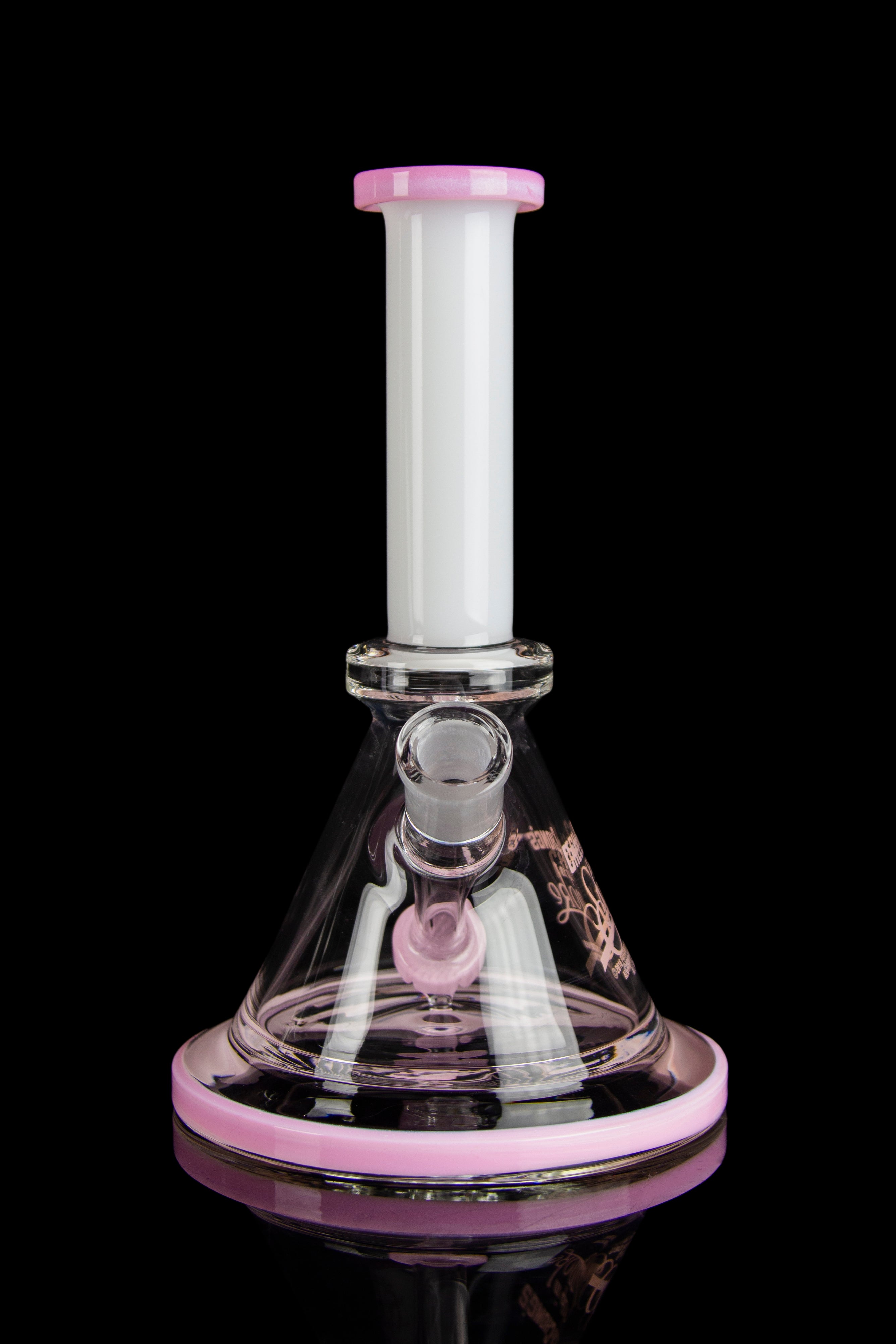Pink and white glass water pipe (bong) on a black background.