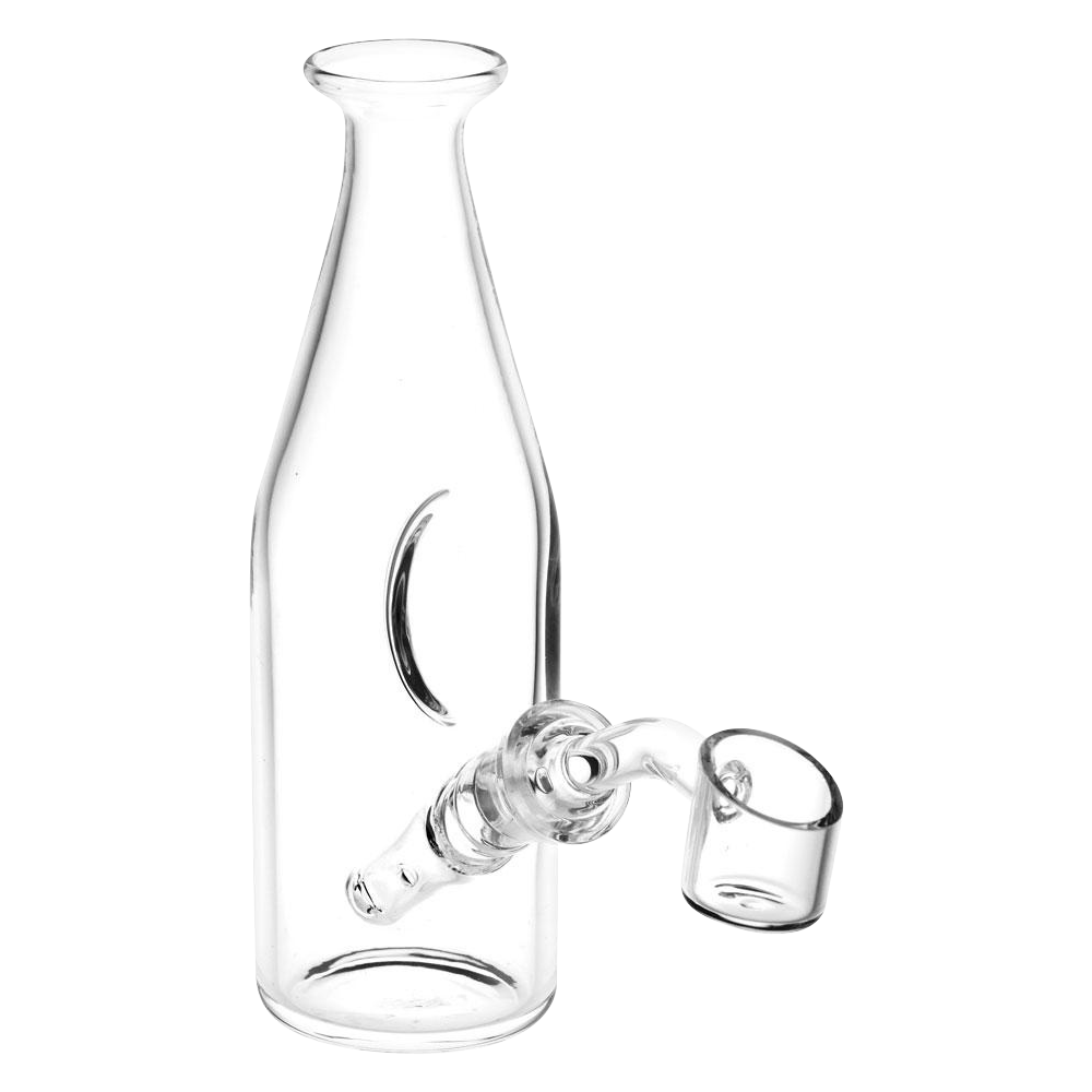 A three-quarter view of the Pulsar Bottle Style Glass Rig with an angle cut banger, highlighting its clear glass construction.