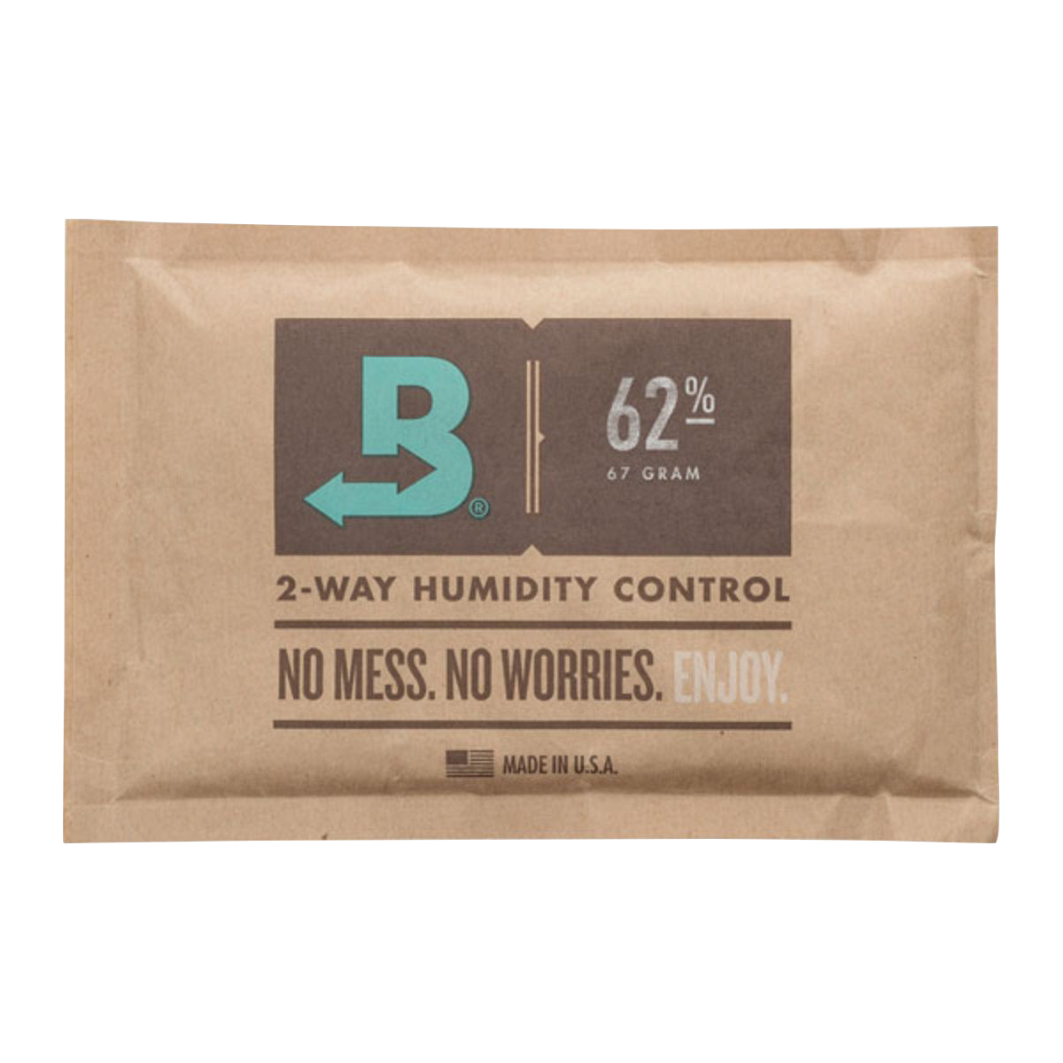 Front view of the Boveda Humidity Control Pack for Dry Herbs - 62%, showing its branding and percentage display on a white background.