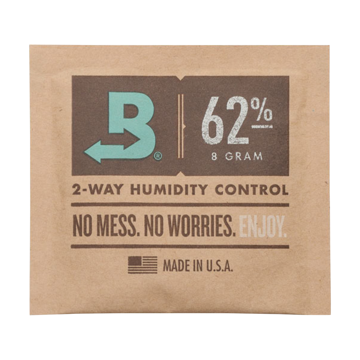Close-up of the Boveda Humidity Control Pack for Dry Herbs - 62%, displaying a white label with bold black text against a brown background.