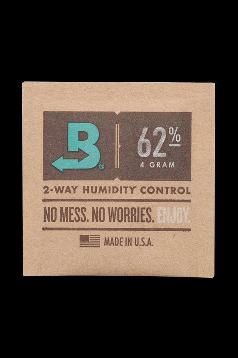 Front view of the Boveda Humidity Control Pack for Dry Herbs - 62% displaying a percentage symbol and branded text on a neutral background.