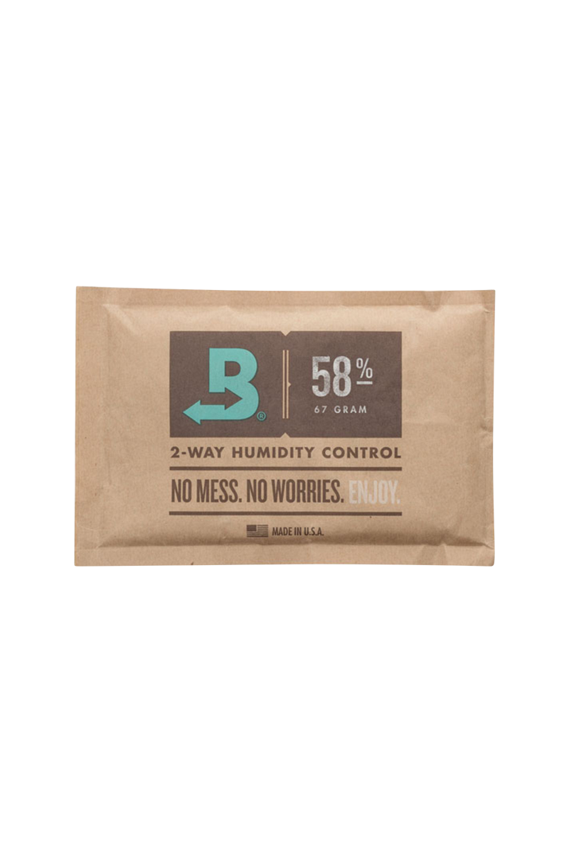 A close-up of the Boveda Humidity Control Pack for Dry Herbs - 58% against a white background, displaying its branded label.